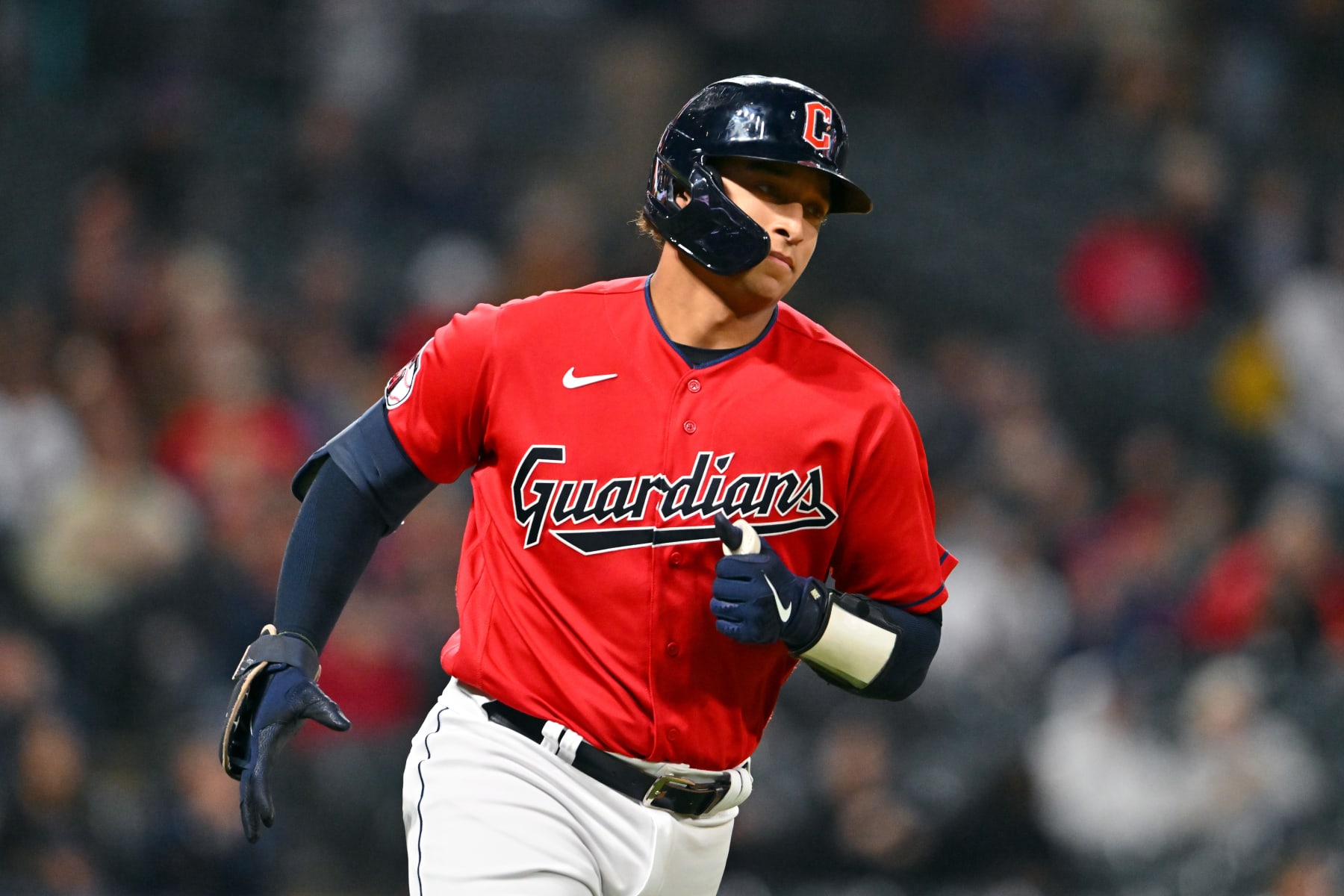 CLEVELAND, OHIO - OCTOBER 03: Bo Naylor #44 of the Cleveland Guardians runs out a fly ball to end the sixth inning against the Kansas City Royals at Progressive Field on October 03, 2022 in Cleveland, Ohio. (Photo by Jason Miller/Getty Images)