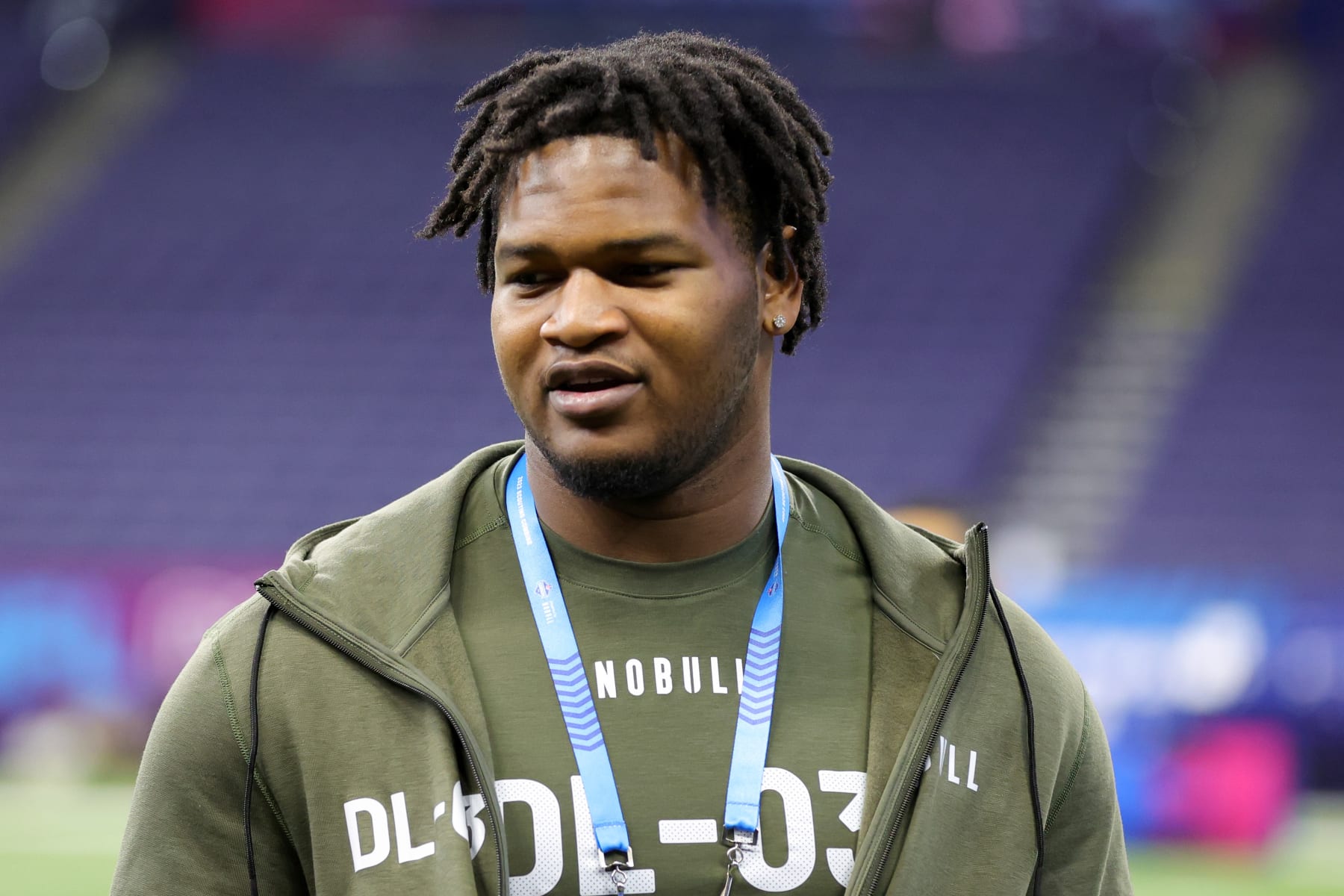 INDIANAPOLIS, INDIANA - MARCH 02: Jalen Carter of Georgia looks on during the NFL Combine at Lucas Oil Stadium on March 02, 2023 in Indianapolis, Indiana. (Photo by Stacy Revere/Getty Images)