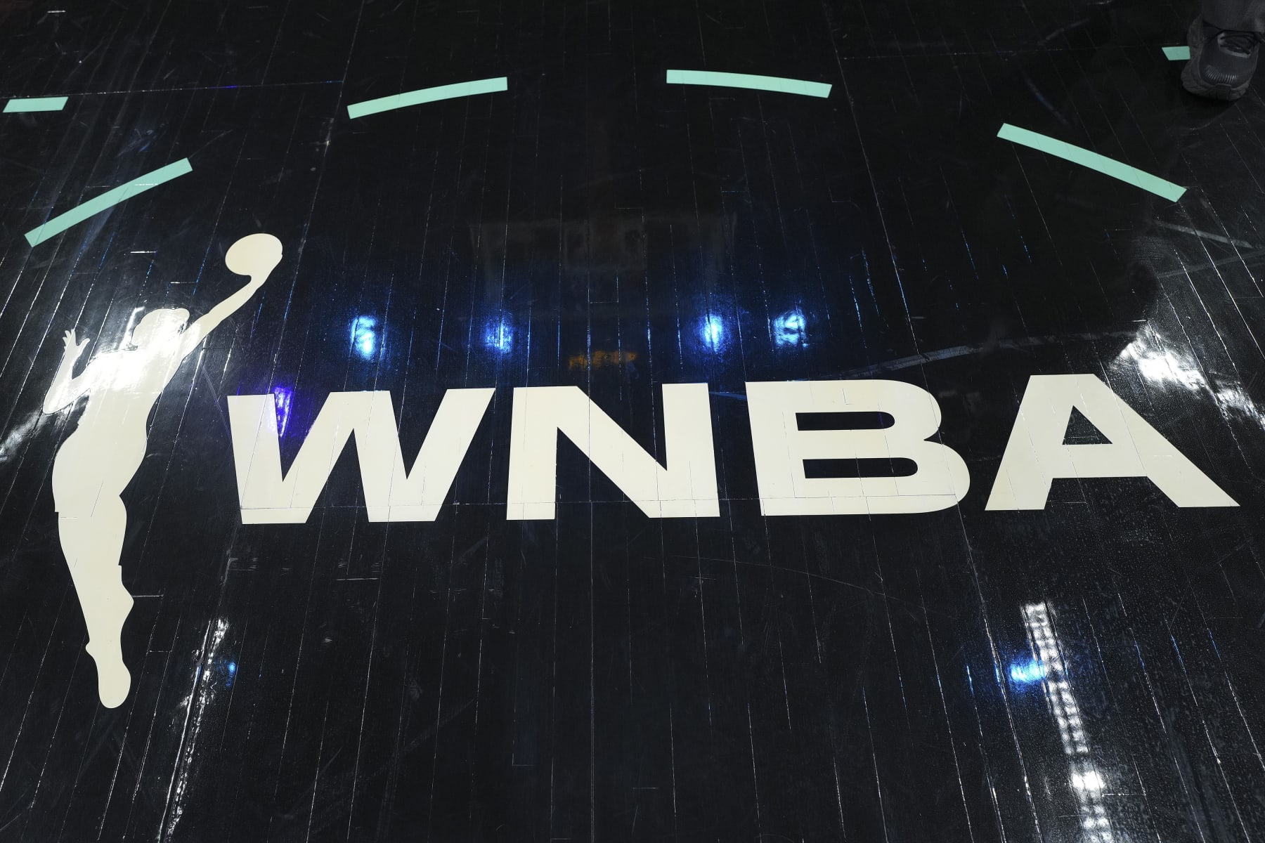 NEW YORK, NY - JULY 12: A detailed view of the WNBA logo prior to the game between the Las Vegas Aces and New York Liberty at Barclays Center on July 12, 2022 in the Brooklyn borough of New York City. The Las Vegas Aces defeated the New York Liberty 107-101. NOTE TO USER: User expressly acknowledges and agrees that, by downloading and/or using this Photograph, user is consenting to the terms and conditions of the Getty Images License Agreement. (Photo by Mitchell Leff/Getty Images)