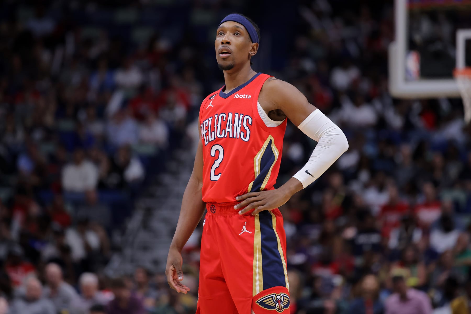 NEW ORLEANS, LOUISIANA - APRIL 04: Josh Richardson #2 of the New Orleans Pelicans reacts against the Sacramento Kings during the first half at the Smoothie King Center on April 04, 2023 in New Orleans, Louisiana. NOTE TO USER: User expressly acknowledges and agrees that, by downloading and or using this Photograph, user is consenting to the terms and conditions of the Getty Images License Agreement. (Photo by Jonathan Bachman/Getty Images)