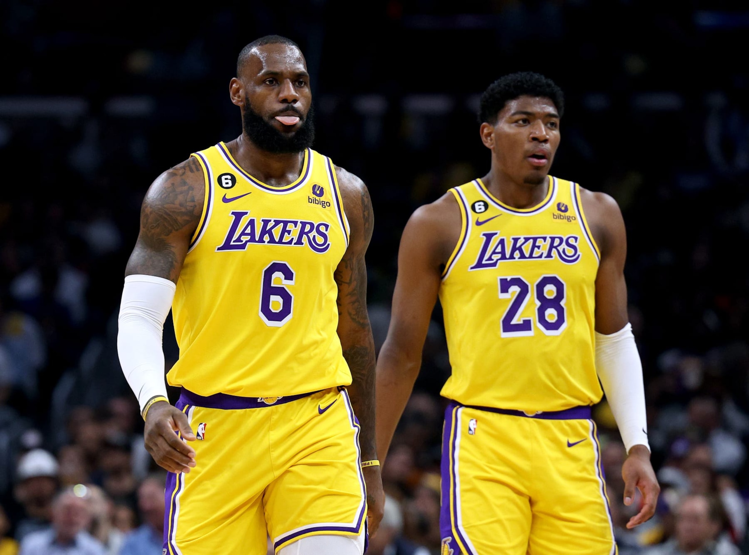 LOS ANGELES, CALIFORNIA - APRIL 05: LeBron James #6 and Rui Hachimura #28 of the Los Angeles Lakers react during a 125-118 loss to the LA Clippers at Crypto.com Arena on April 05, 2023 in Los Angeles, California. NOTE TO USER: User expressly acknowledges and agrees that, by downloading and or using this photograph, User is consenting to the terms and conditions of the Getty Images License Agreement. (Photo by Harry How/Getty Images)