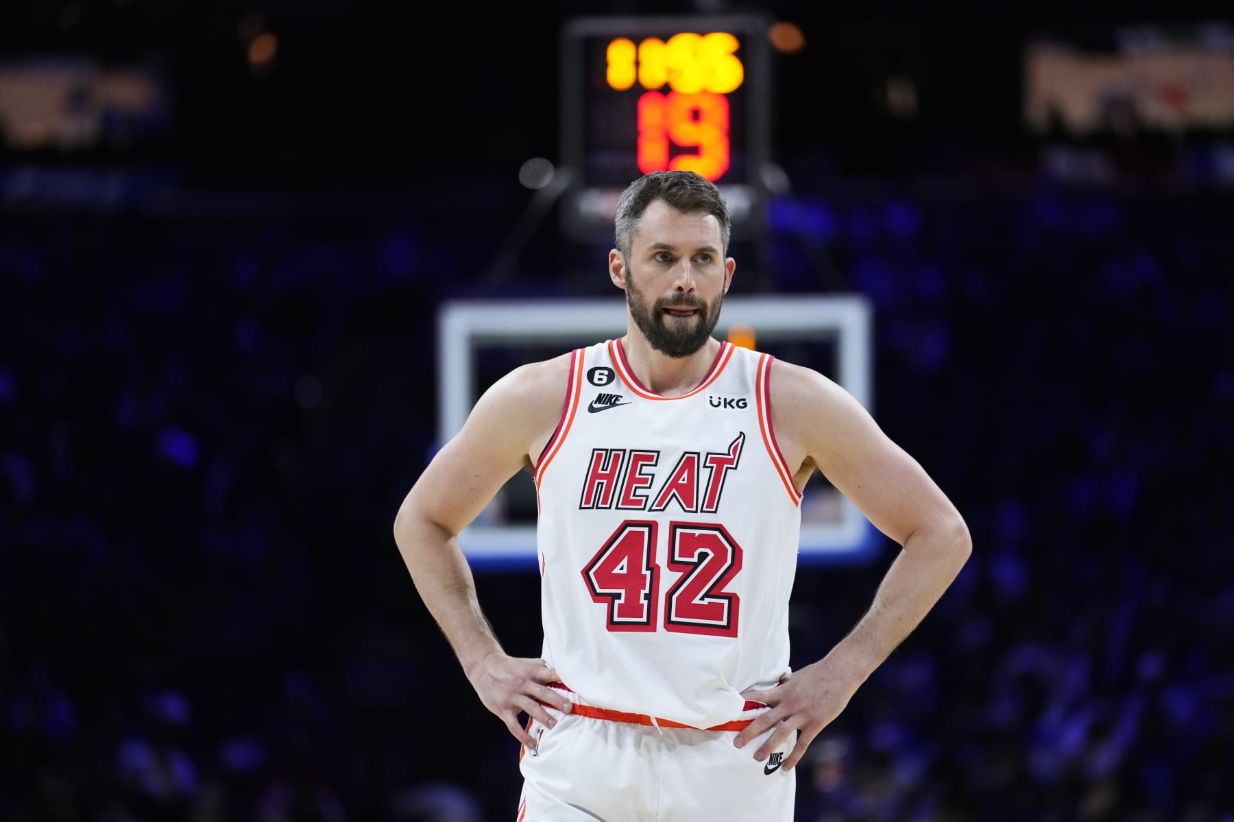 Miami Heat's Kevin Love plays during an NBA basketball game, Monday, Feb. 27, 2023, in Philadelphia. (AP Photo/Matt Slocum)