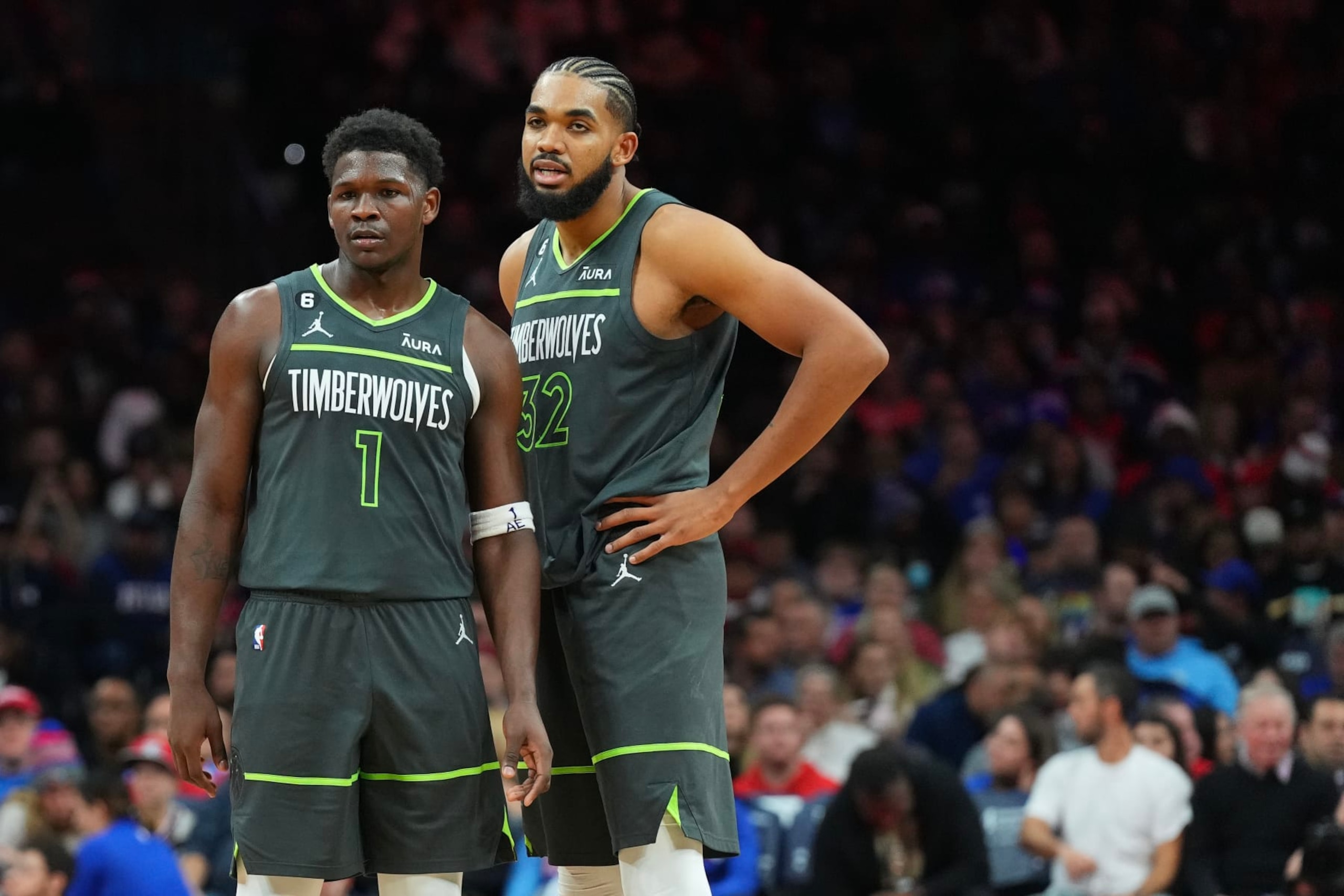 PHILADELPHIA, PA - NOVEMBER 19: Anthony Edwards #1 of the Minnesota Timberwolves talks to Karl-Anthony Towns #32 against the Philadelphia 76ers at the Wells Fargo Center on November 19, 2022 in Philadelphia, Pennsylvania. NOTE TO USER: User expressly acknowledges and agrees that, by downloading and or using this photograph, User is consenting to the terms and conditions of the Getty Images License Agreement. (Photo by Mitchell Leff/Getty Images)