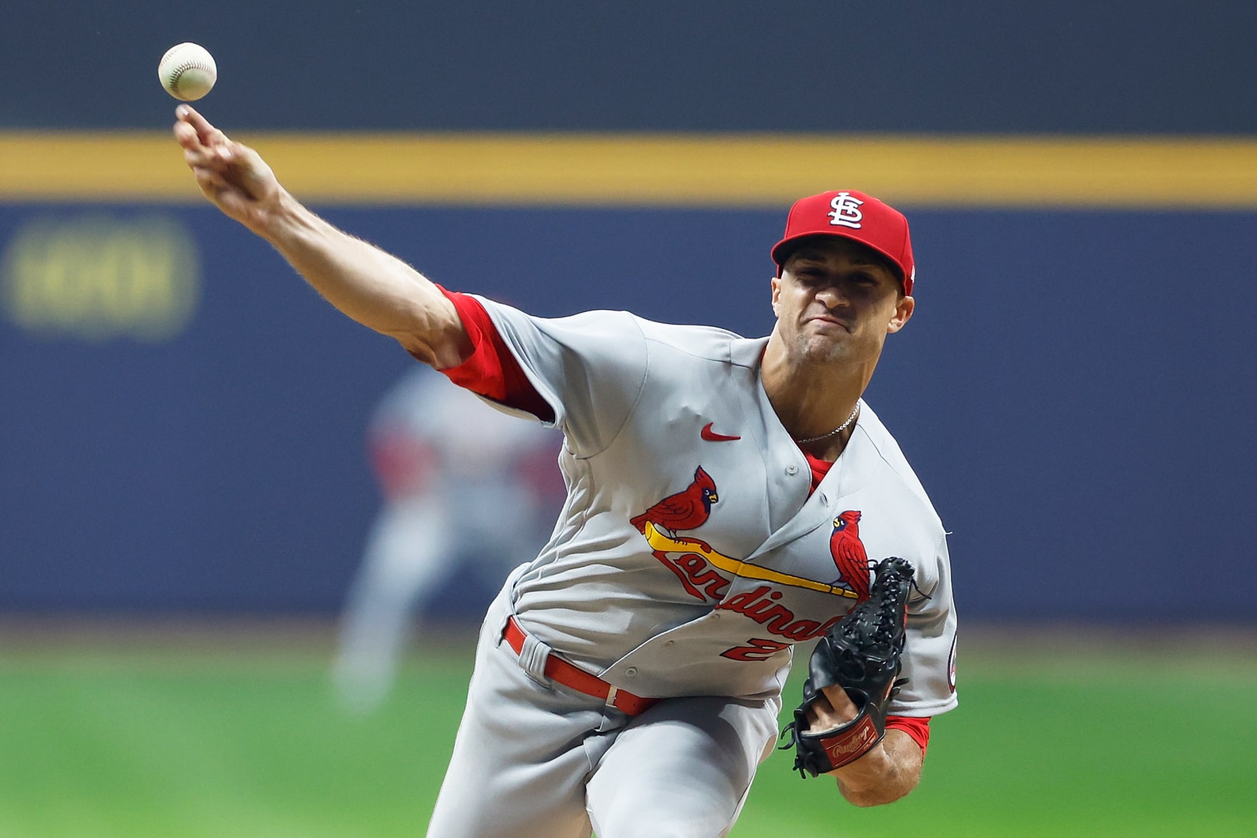 MILWAUKEE, WISCONSIN - APRIL 07: Jack Flaherty #22 of the St. Louis Cardinals throws a pitch in the first inning against the Milwaukee Brewers at American Family Field on April 07, 2023 in Milwaukee, Wisconsin. (Photo by John Fisher/Getty Images)