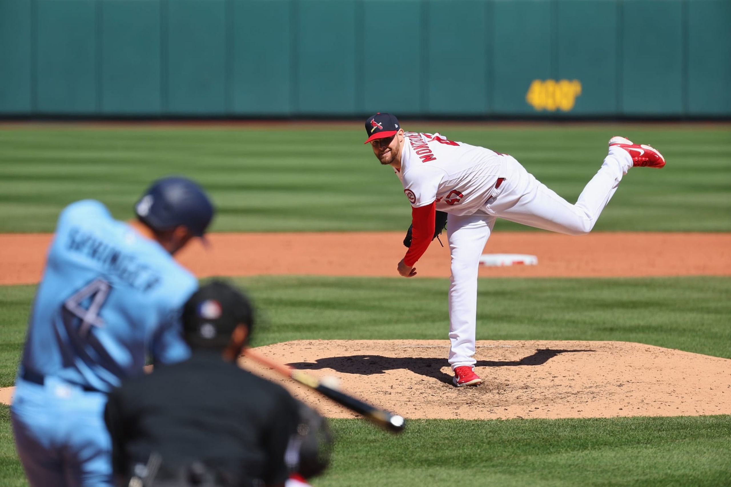 ST LOUIS, MO - APRIL 02: Jordan Montgomery #47 of the St. Louis Cardinals delivers a pitch against the Toronto Blue Jays at Busch Stadium on April 2, 2023 in St Louis, Missouri. (Photo by Dilip Vishwanat/Getty Images)