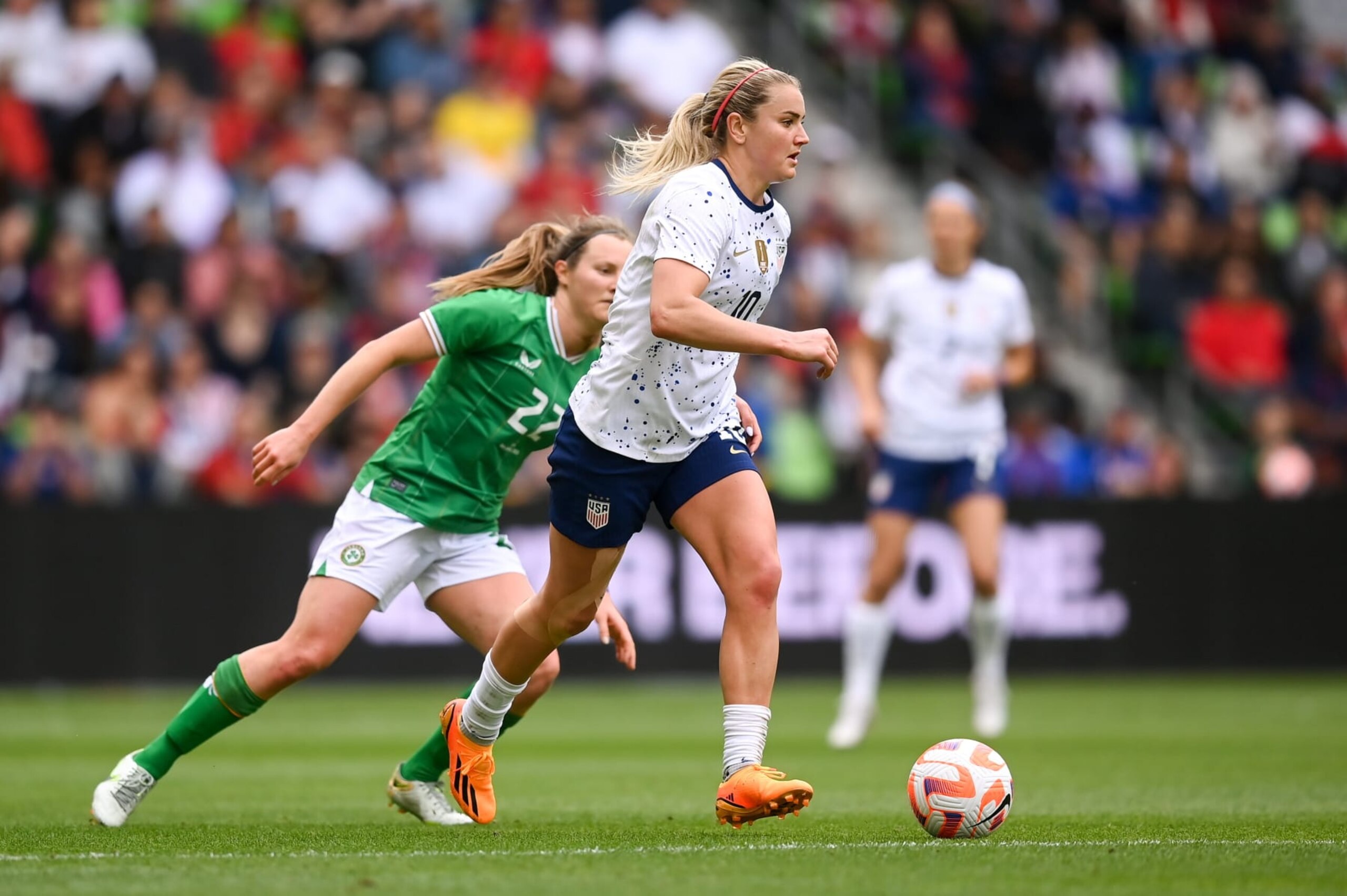 Texas , United States - 8 April 2023; Lindsey Horan of United States during the women's international friendly match between USA and Republic of Ireland at the Q2 Stadium in Austin, Texas, USA. (Photo By Stephen McCarthy/Sportsfile via Getty Images)