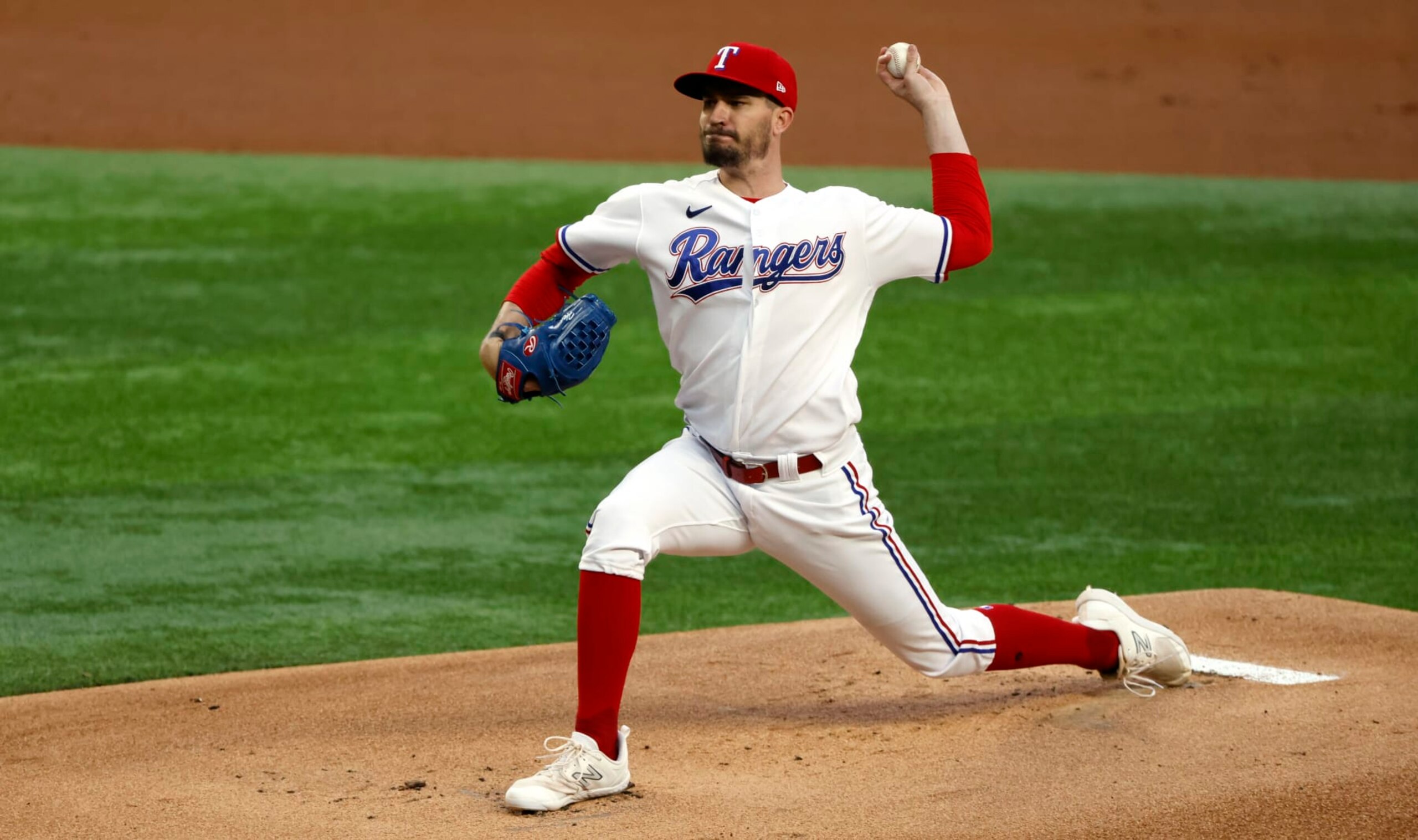 ARLINGTON, TX - APRIL 10: Andrew Heaney #44 of the Texas Rangers pitches against the Kansas City Royals during the first inning at Globe Life Field on April 10, 2023 in Arlington, Texas. (Photo by Ron Jenkins/Getty Images)