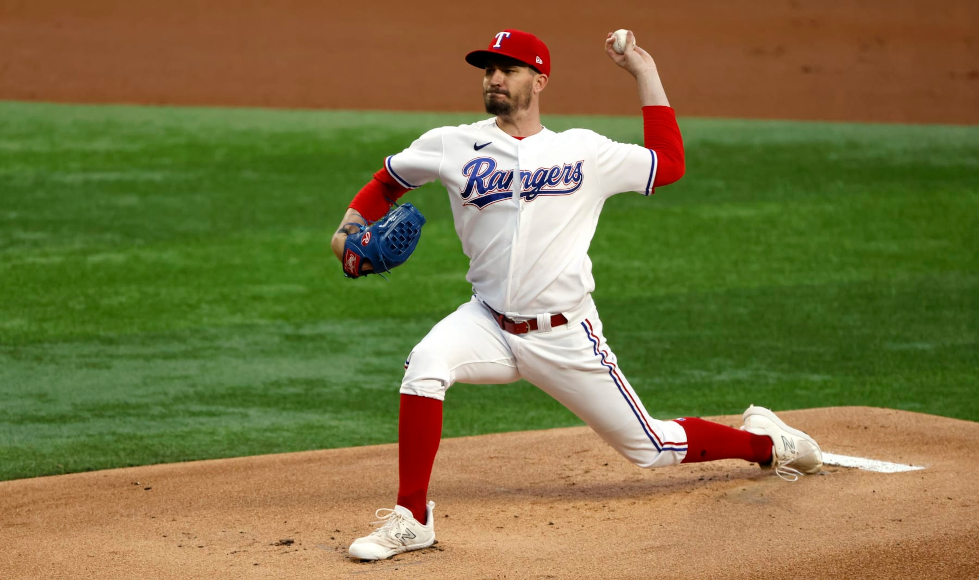 ARLINGTON, TX - APRIL 10: Andrew Heaney #44 of the Texas Rangers pitches against the Kansas City Royals during the first inning at Globe Life Field on April 10, 2023 in Arlington, Texas. (Photo by Ron Jenkins/Getty Images)