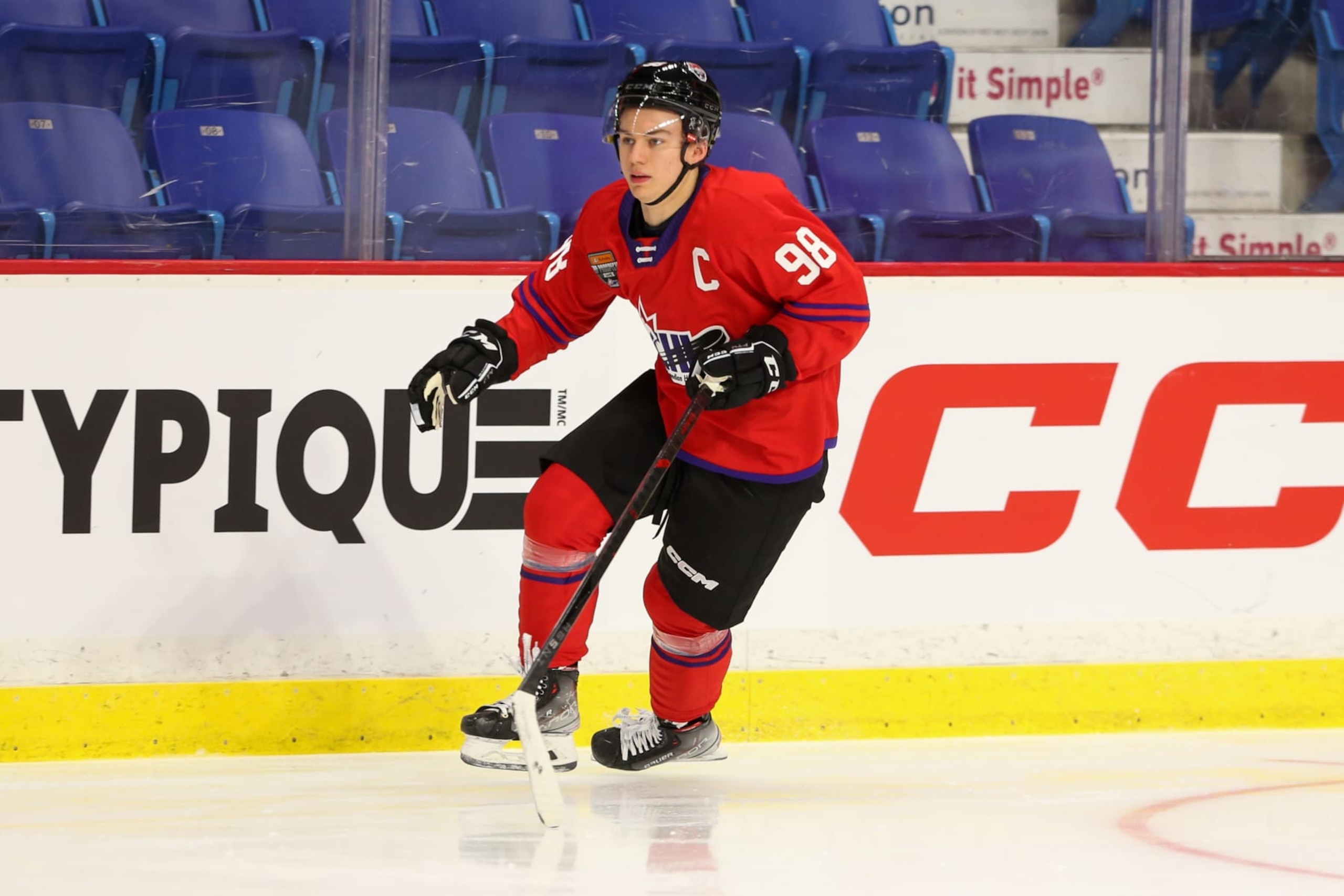 LANGLEY, BRITISH COLUMBIA - JANUARY 25: Forward Connor Bedard #98 of the Regina Pats skates for Team Red during the 2023 Kubota CHL Top Prospects Game Practice at the Langley Events Centre on January 25, 2023 in Langley, British Columbia. (Photo by Dennis Pajot/Getty Images)