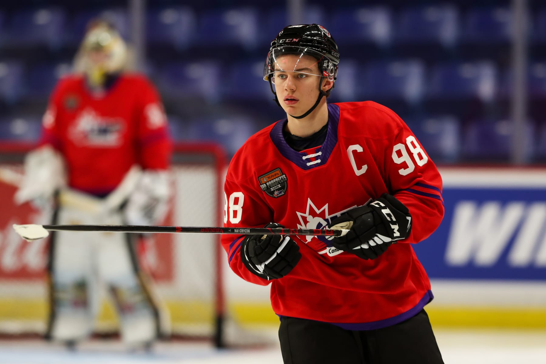 LANGLEY, BRITISH COLUMBIA - JANUARY 25: Forward Connor Bedard #98 of the Regina Pats skates for Team Red during the 2023 Kubota CHL Top Prospects Game Practice at the Langley Events Centre on January 25, 2023 in Langley, British Columbia. (Photo by Dennis Pajot/Getty Images)