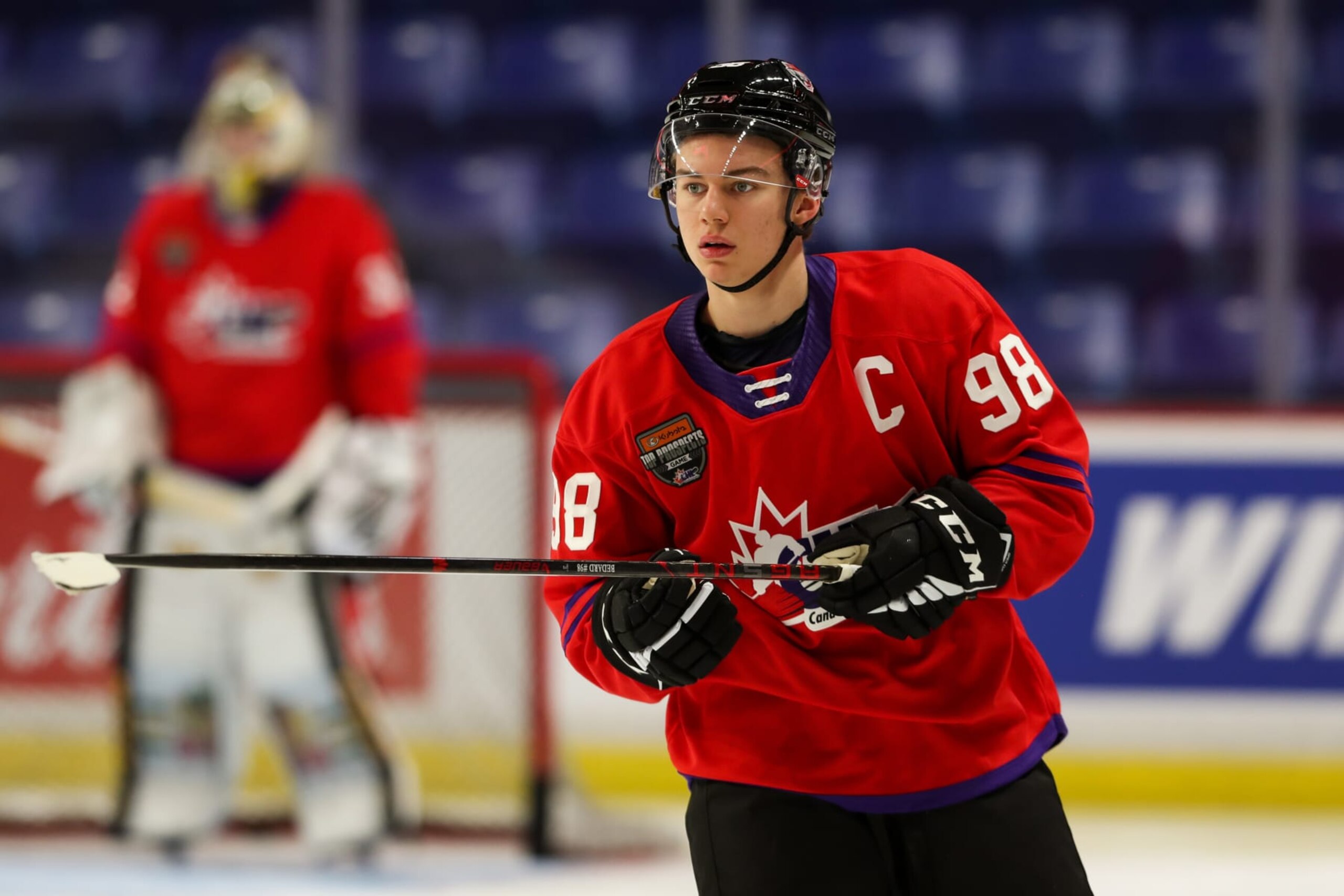 LANGLEY, BRITISH COLUMBIA - JANUARY 25: Forward Connor Bedard #98 of the Regina Pats skates for Team Red during the 2023 Kubota CHL Top Prospects Game Practice at the Langley Events Centre on January 25, 2023 in Langley, British Columbia. (Photo by Dennis Pajot/Getty Images)