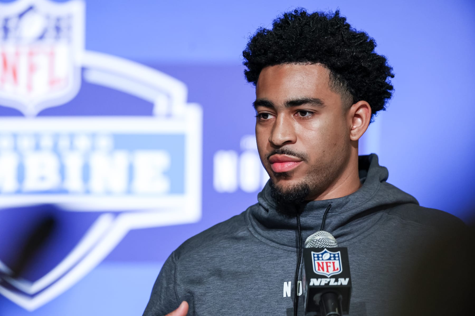 INDIANAPOLIS, IN - MARCH 03: Quarterback Bryce Young of Alabama speaks to the media during the NFL Combine at Lucas Oil Stadium on March 3, 2023 in Indianapolis, Indiana. (Photo by Michael Hickey/Getty Images)