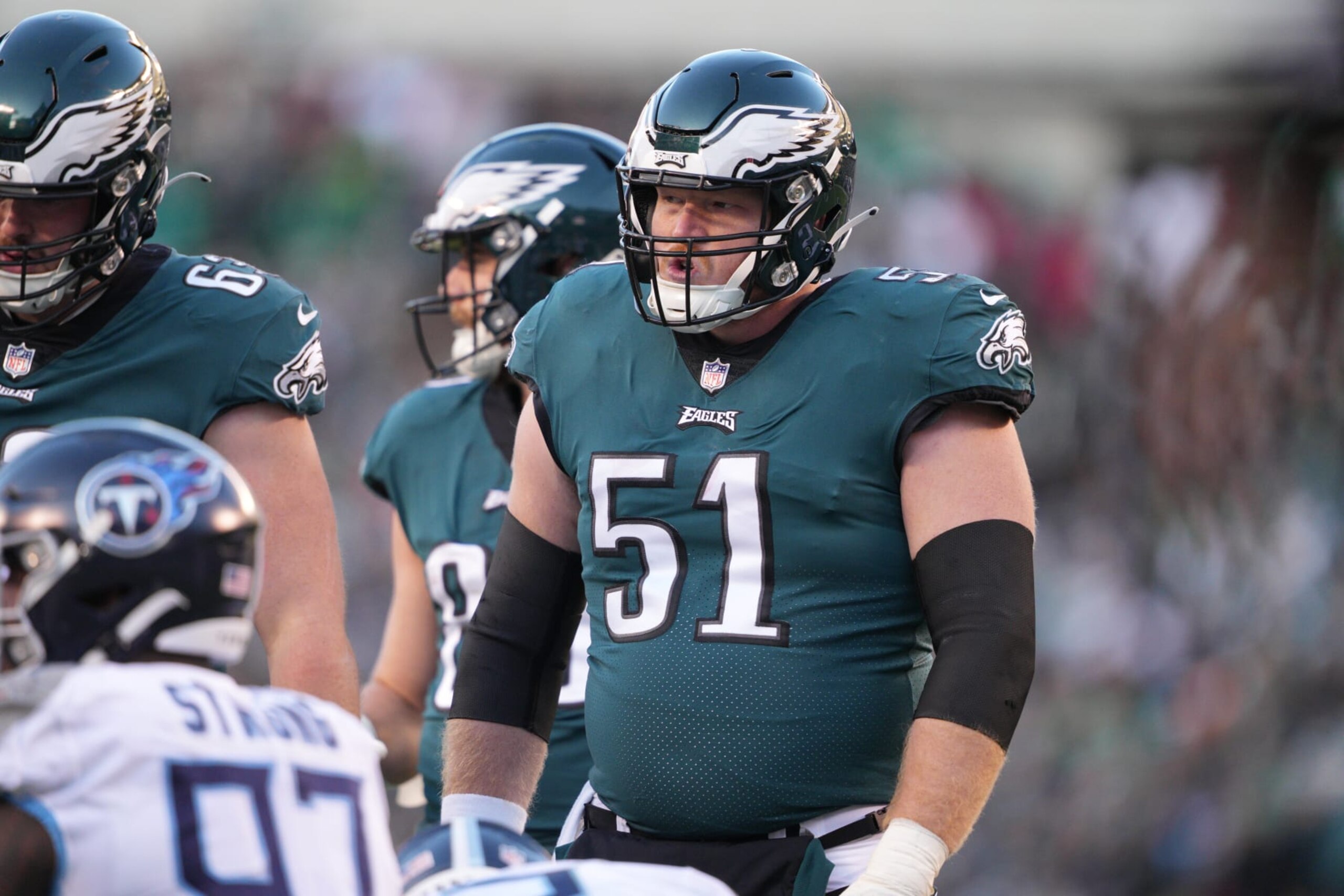 PHILADELPHIA, PA - DECEMBER 04: Philadelphia Eagles center Cam Jurgens (51) looks on during the game between the Tennessee Titans and the Philadelphia Eagles on December 4, 2022 at Lincoln Financial Field in Philadelphia, PA. (Photo by Andy Lewis/Icon Sportswire via Getty Images) PHILADELPHIA, PA - DECEMBER 04: Philadelphia Eagles center Cam Jurgens (51) looks on during the game between the Tennessee Titans and the Philadelphia Eagles on December 4, 2022 at Lincoln Financial Field in Philadelphia, PA. (Photo by Andy Lewis/Icon Sportswire via Getty Images)