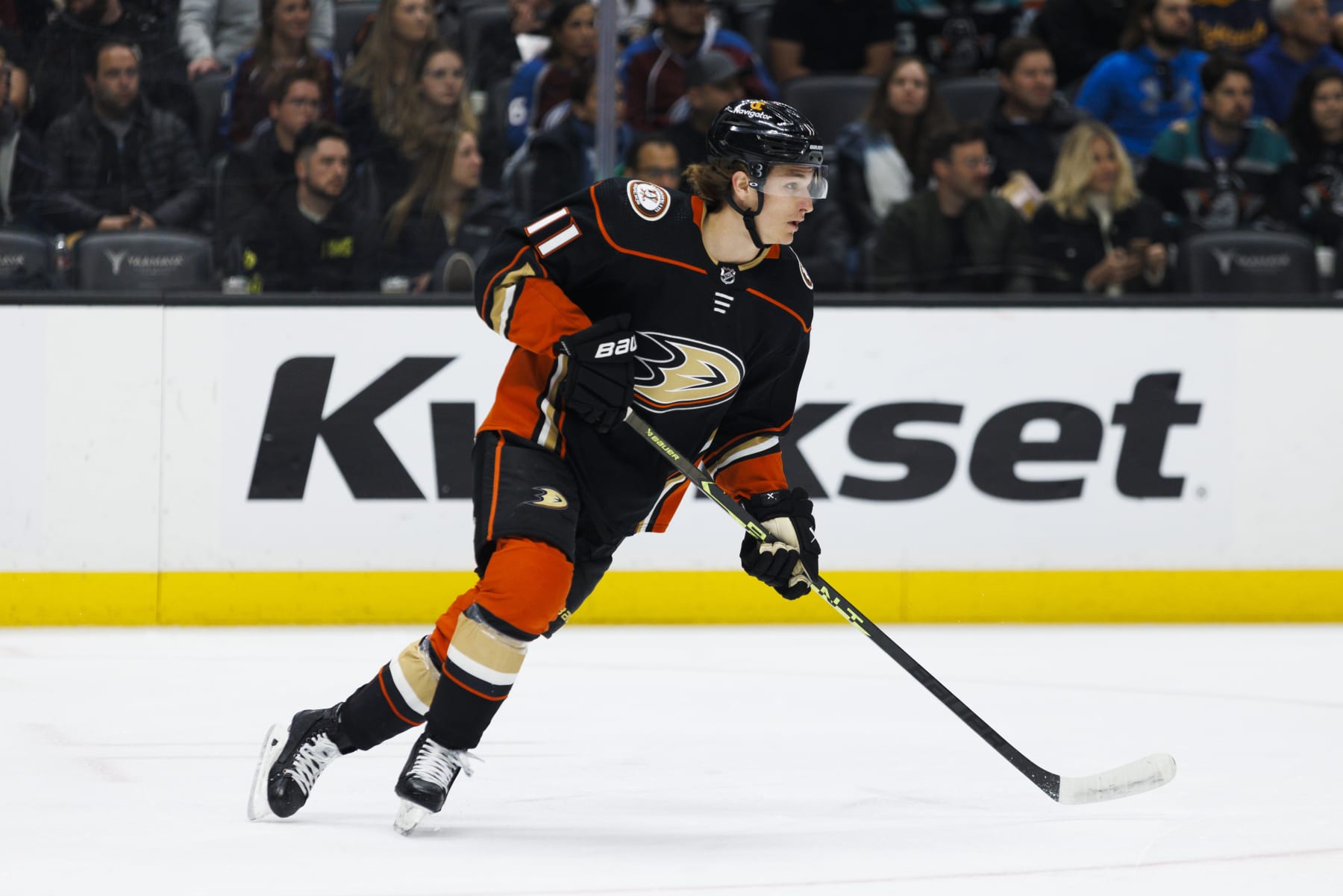 ANAHEIM, CA - APRIL 09: Anaheim Ducks center Trevor Zegras (11) skates with the puck during an NHL hockey game between the Colorado Avalanche and the Anaheim Ducks on April 9, 2023 at Honda Center in Anaheim, CA. (Photo by Ric Tapia/Icon Sportswire via Getty Images)