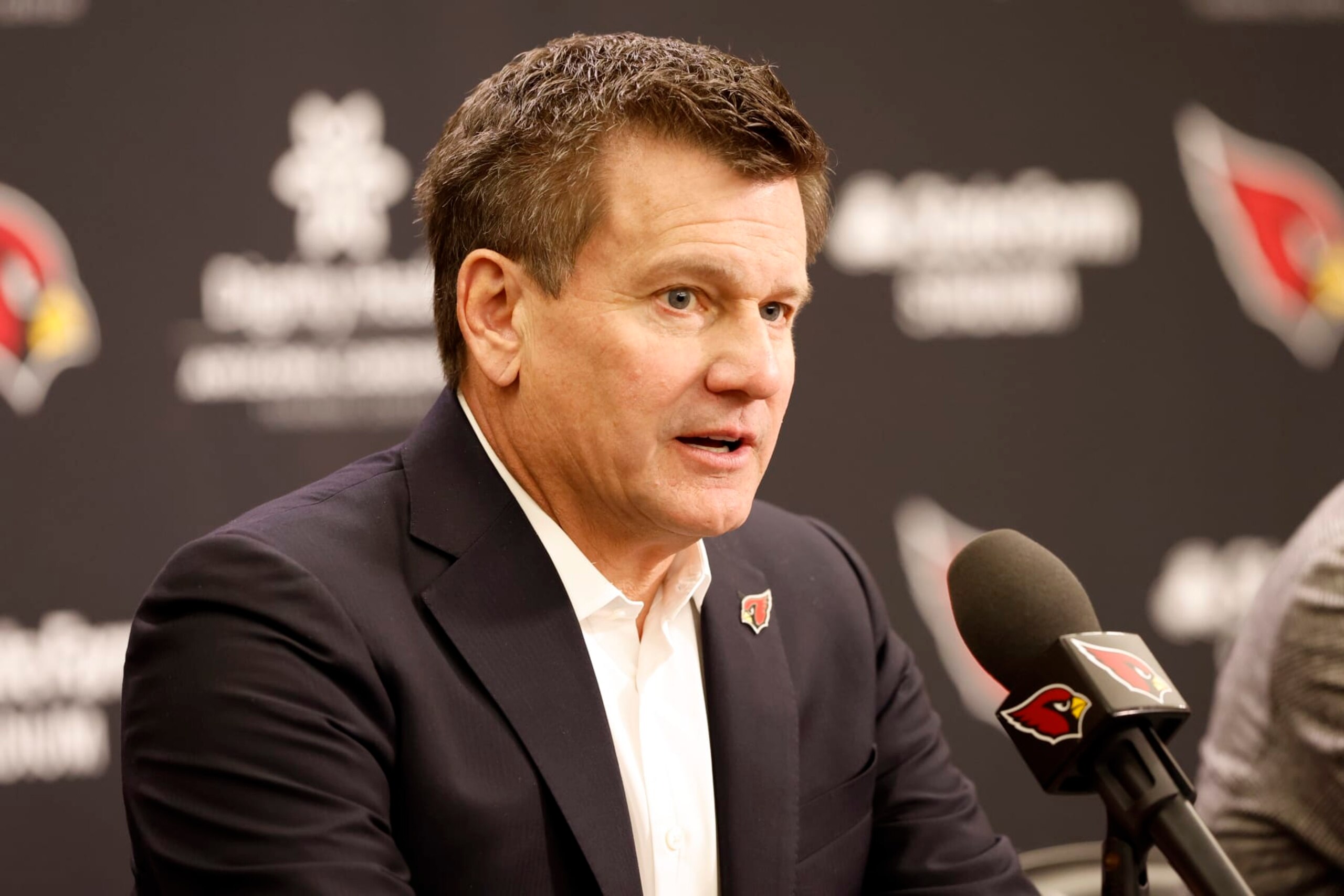 TEMPE, ARIZONA - FEBRUARY 16: Owner Michael Bidwill of the Arizona Cardinals answers a question from the media during a press conference introducing new head coach Jonathan Gannon at Dignity Health Arizona Cardinals Training Center on February 16, 2023 in Tempe, Arizona. (Photo by Chris Coduto/Getty Images)