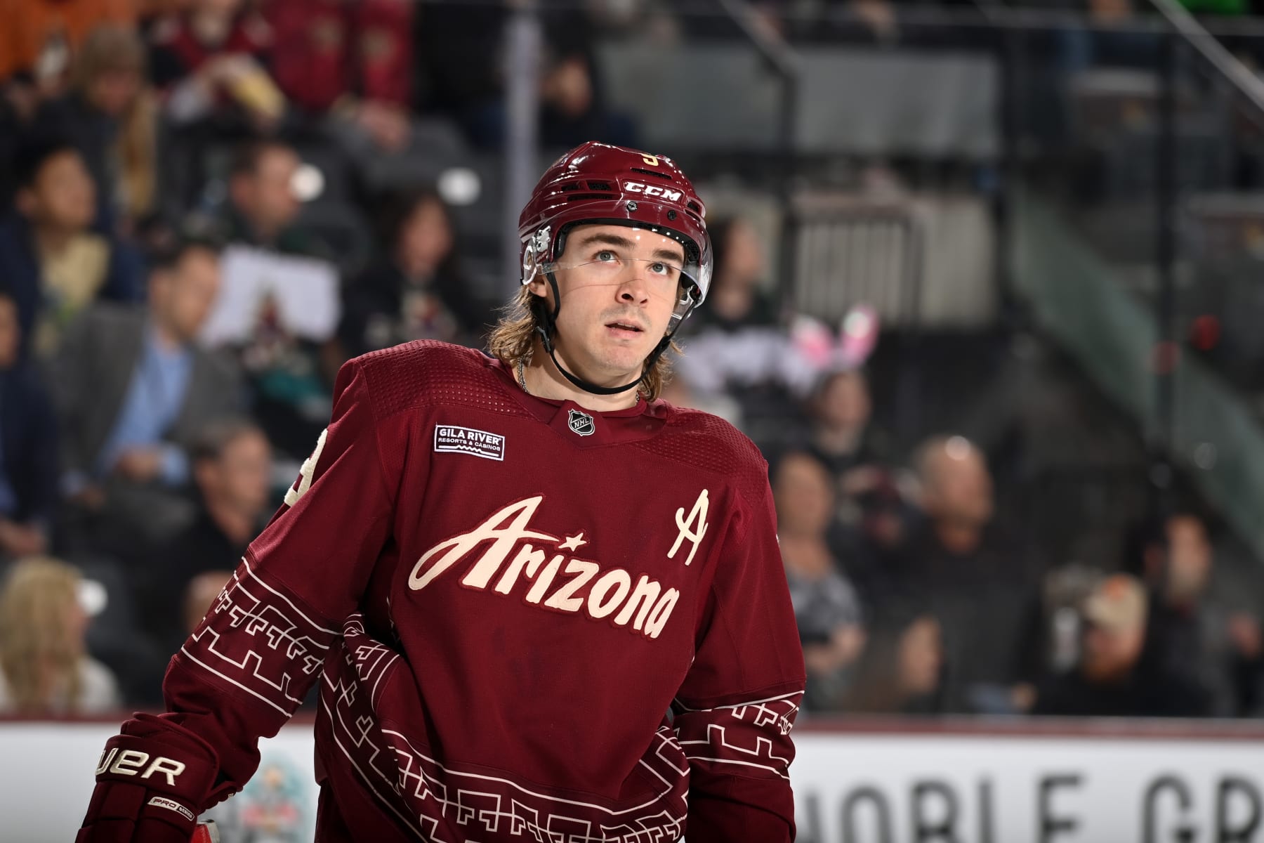 TEMPE, ARIZONA - APRIL 08: Clayton Keller #9 of the Arizona Coyotes skates up ice during a stop in play against the Anaheim Ducks at Mullett Arena on April 08, 2023 in Tempe, Arizona. (Photo by Norm Hall/NHLI via Getty Images)