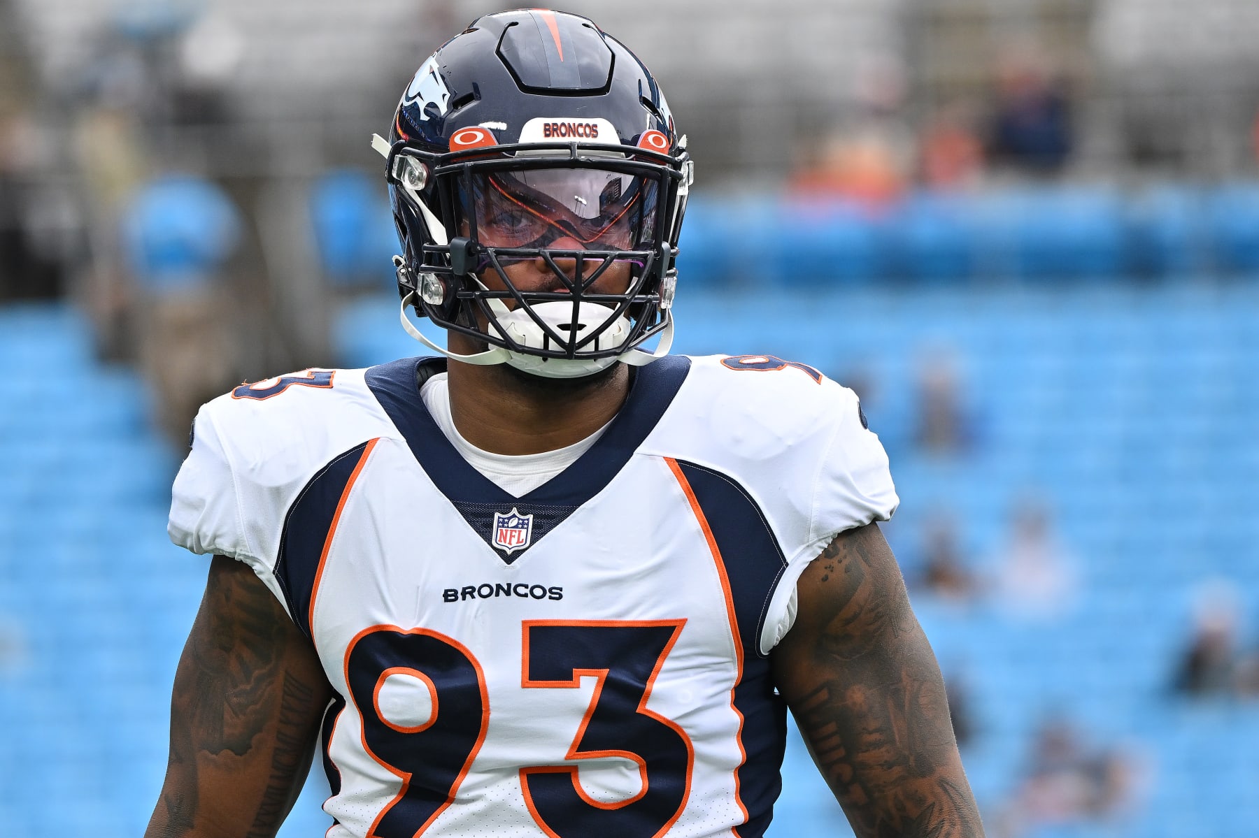 CHARLOTTE, NORTH CAROLINA - NOVEMBER 27: Dre'Mont Jones #93 of the Denver Broncos is seen during their game against the Carolina Panthers at Bank of America Stadium on November 27, 2022 in Charlotte, North Carolina. (Photo by Grant Halverson/Getty Images)