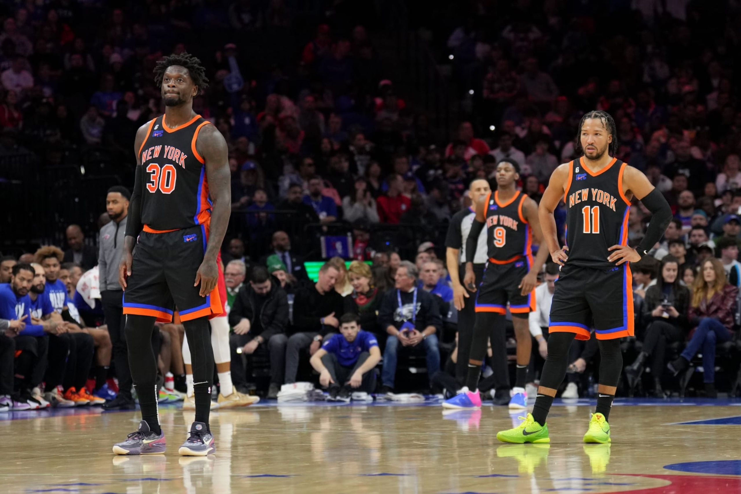 PHILADELPHIA, PA - FEBRUARY 10: Julius Randle #30 and Jalen Brunson #11 of the New York Knicks look on during the game against the Philadelphia 76ers on February 10, 2023 at the Wells Fargo Center in Philadelphia, Pennsylvania NOTE TO USER: User expressly acknowledges and agrees that, by downloading and/or using this Photograph, user is consenting to the terms and conditions of the Getty Images License Agreement. Mandatory Copyright Notice: Copyright 2023 NBAE (Photo by Jesse D. Garrabrant/NBAE via Getty Images)