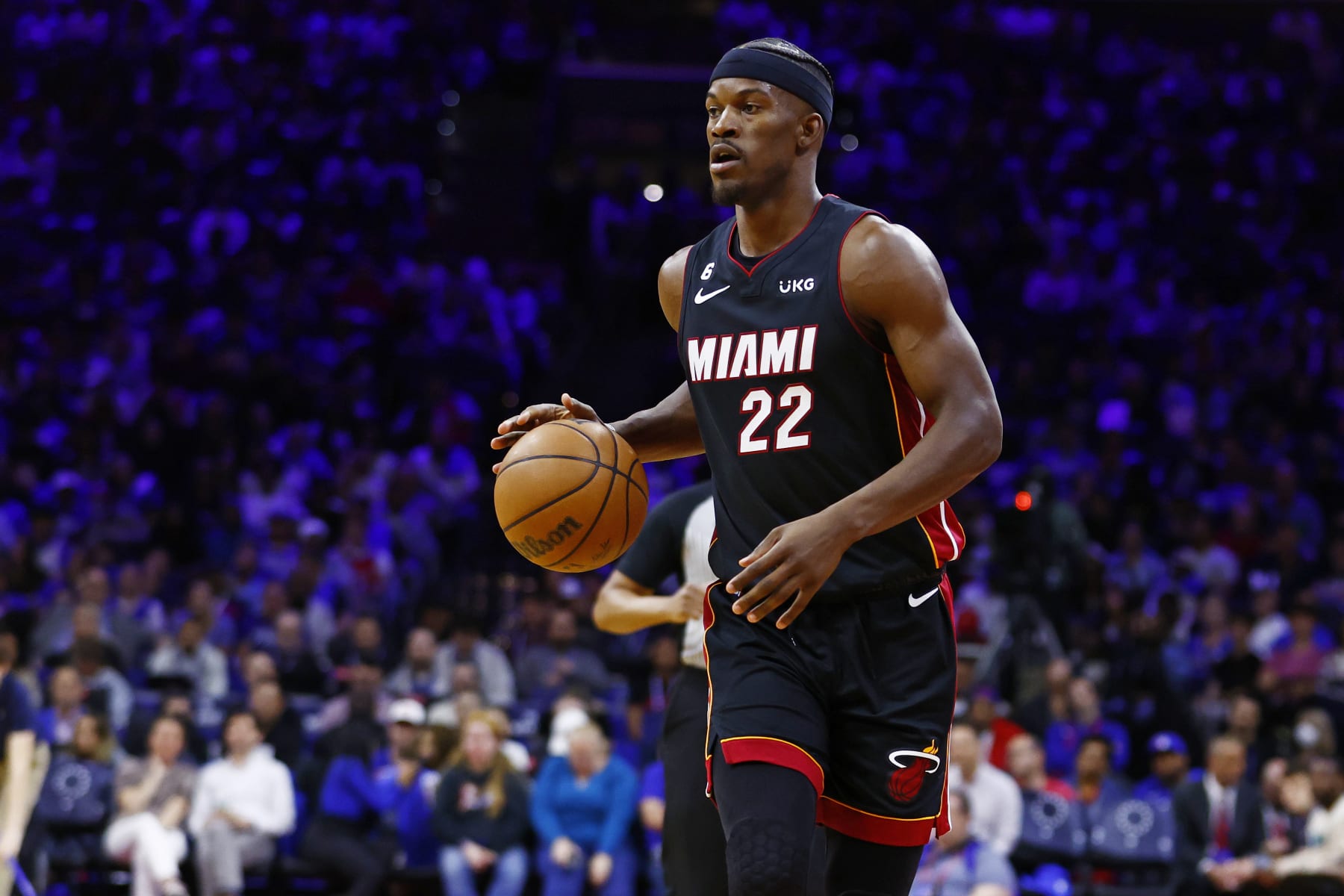 PHILADELPHIA, PA - APRIL 06: Jimmy Butler #22 of the Miami Heat in action against the Philadelphia 76ers during a game at Wells Fargo Center on April 6, 2023 in Philadelphia, Pennsylvania. The Heat defeated the 76ers 129-101. NOTE TO USER: User expressly acknowledges and agrees that, by downloading and or using this photograph, User is consenting to the terms and conditions of the Getty Images License Agreement. (Photo by Rich Schultz/Getty Images)