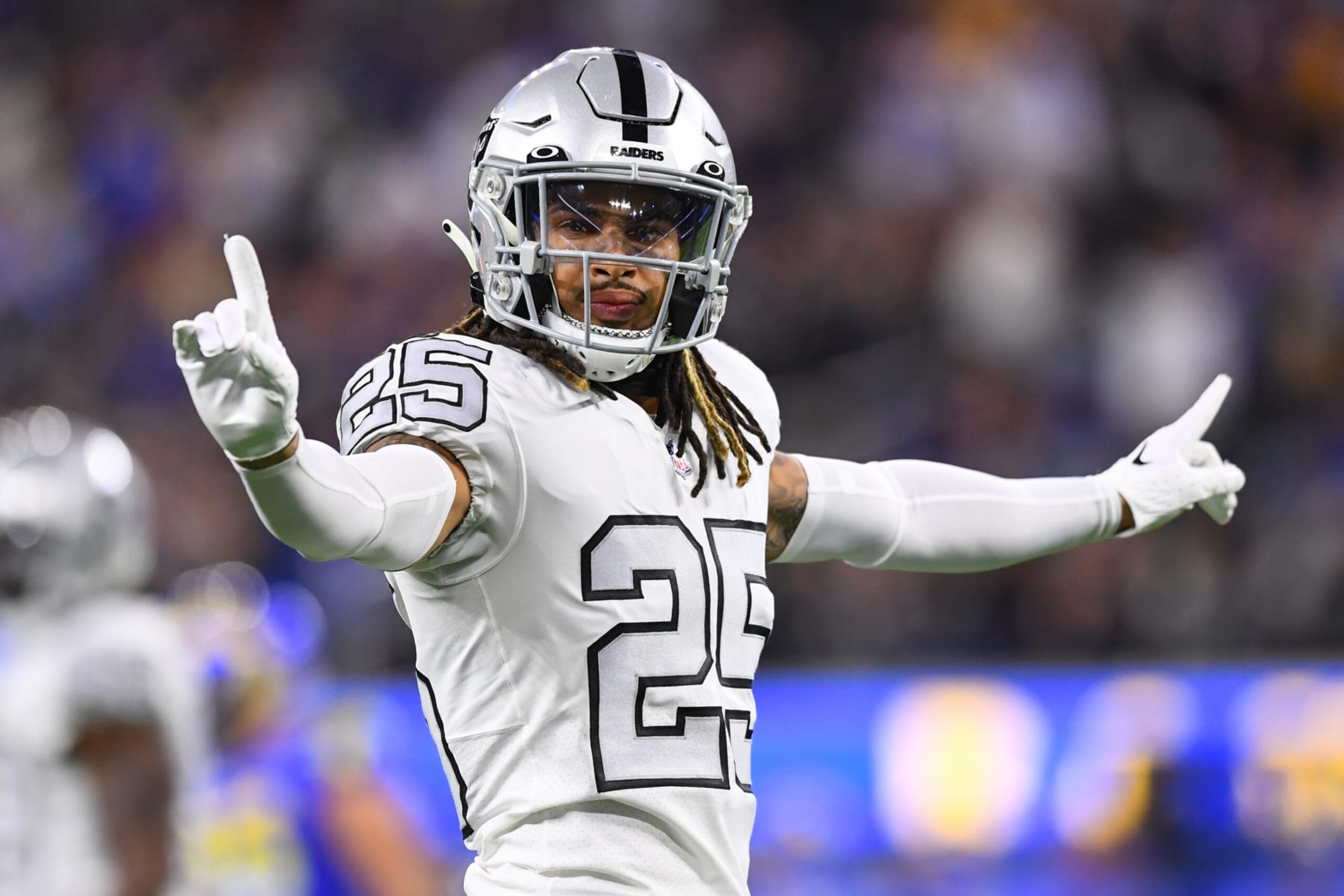 INGLEWOOD, CA - DECEMBER 08: Oakland Raiders safety Trevon Moehrig (25) celebrates during the NFL game between the Oakland Raiders and the Los Angeles Rams on December 8, 2022, at SoFi Stadium in Inglewood, CA. (Photo by Brian Rothmuller/Icon Sportswire via Getty Images)
