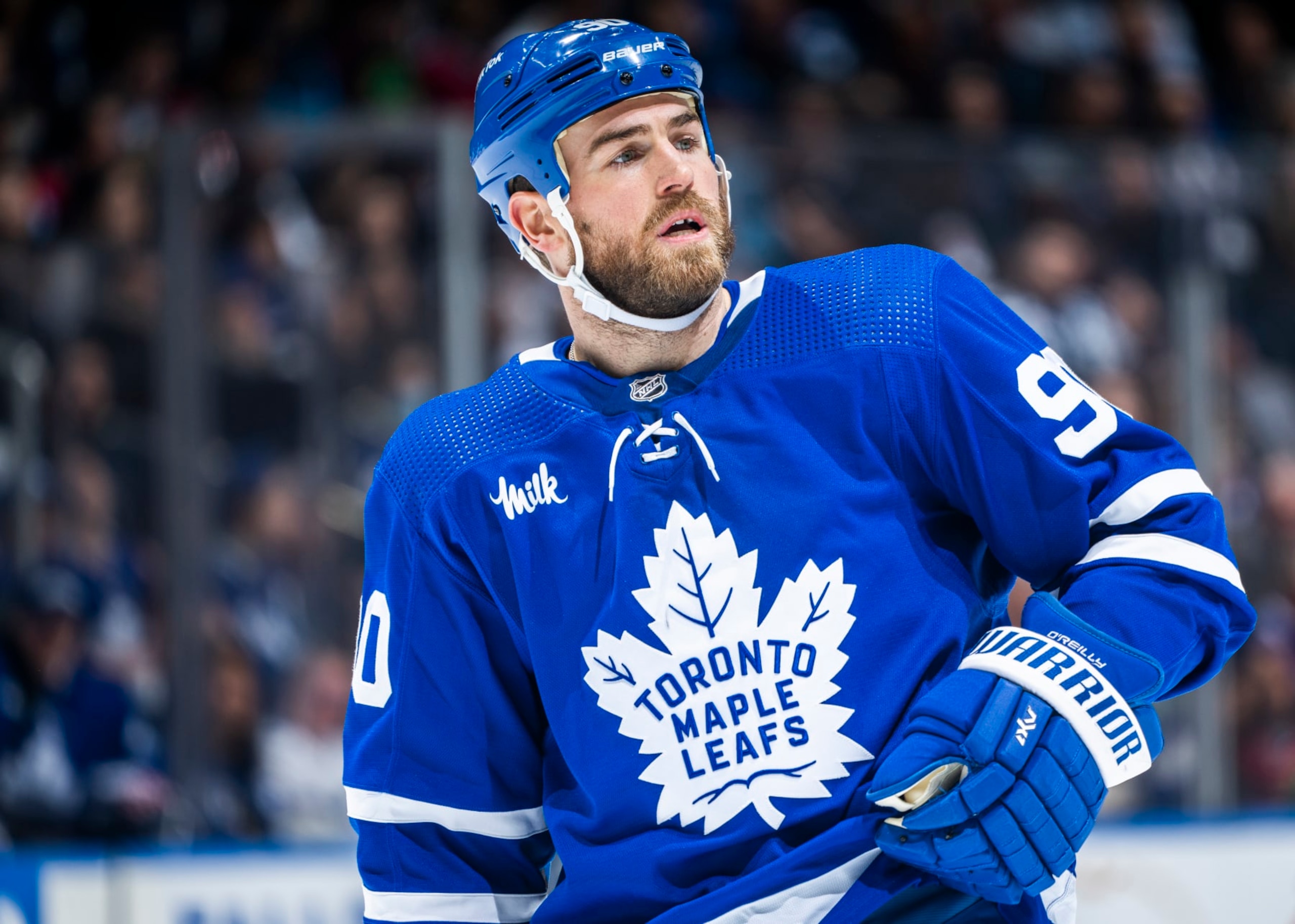 TORONTO, ON - APRIL 8: Ryan O'Reilly #90 of the Toronto Maple Leafs looks on against the Montreal Canadiens during the first period at the Scotiabank Arena on April 8, 2023 in Toronto, Ontario, Canada. (Photo by Mark Blinch/NHLI via Getty Images)