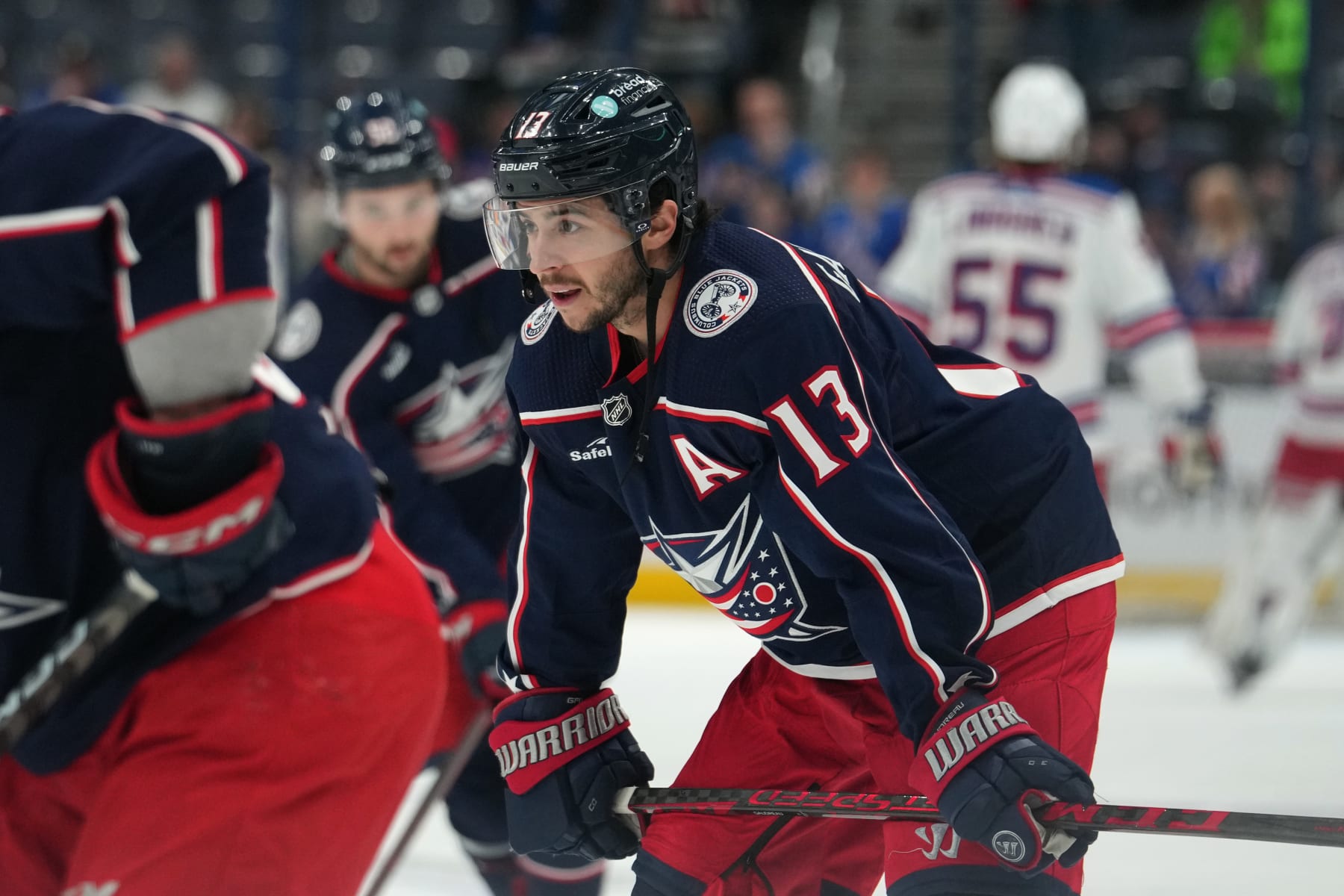 COLUMBUS, OHIO - APRIL 08: Johnny Gaudreau #13 of the Columbus Blue Jackets looks on during warmups prior to the game against the New York Rangers at Nationwide Arena on April 08, 2023 in Columbus, Ohio. (Photo by Jason Mowry/Getty Images)