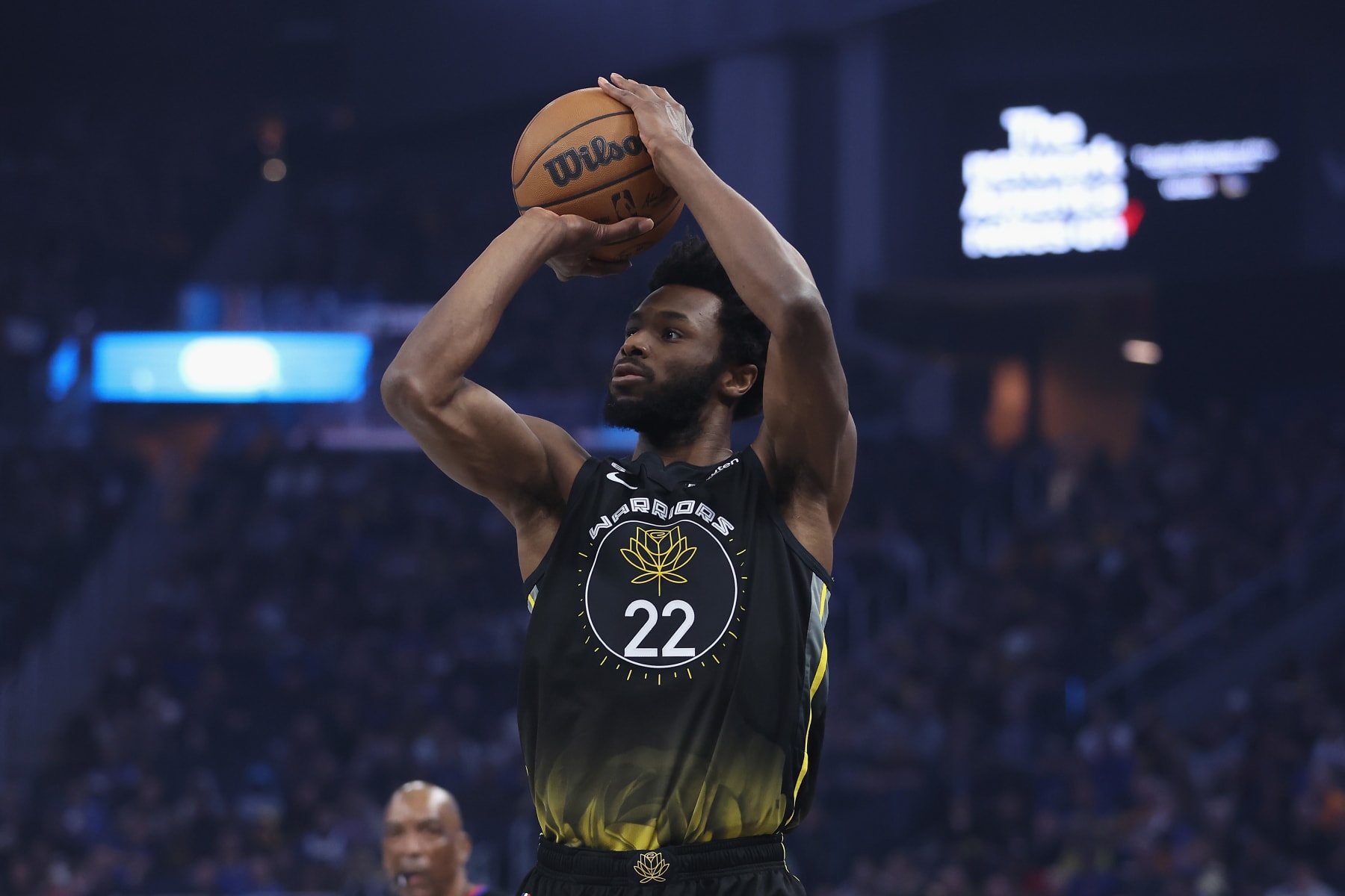 SAN FRANCISCO, CALIFORNIA - FEBRUARY 13: Andrew Wiggins #22 of the Golden State Warriors shoots the ball in the first quarter against the Washington Wizards at Chase Center on February 13, 2023 in San Francisco, California. NOTE TO USER: User expressly acknowledges and agrees that, by downloading and/or using this photograph, User is consenting to the terms and conditions of the Getty Images License Agreement. (Photo by Lachlan Cunningham/Getty Images)