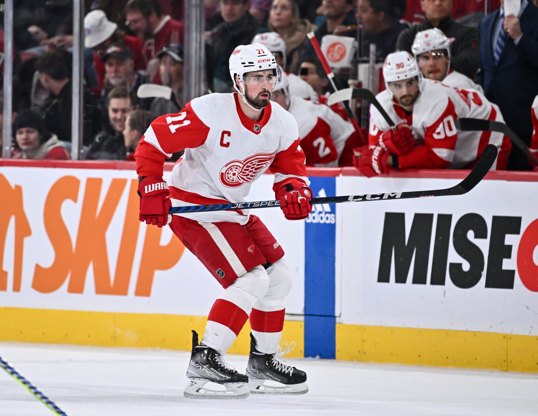 MONTREAL, CANADA - APRIL 04:  Dylan Larkin #71 of the Detroit Red Wings skates during the first period against the Montreal Canadiens at Centre Bell on April 4, 2023 in Montreal, Quebec, Canada.  The Detroit Red Wings defeated the Montreal Canadiens 5-0.  (Photo by Minas Panagiotakis/Getty Images)