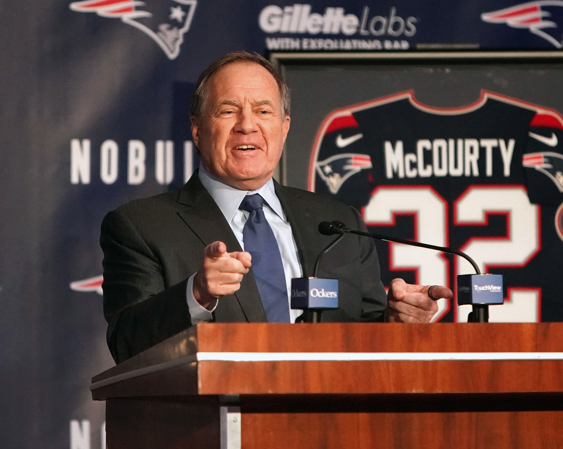 Foxborough, MA - March 21: New England Patriots head coach Bill Belichick speaks at Devin McCourtys retirement press conference. (Photo by Barry Chin/The Boston Globe via Getty Images)