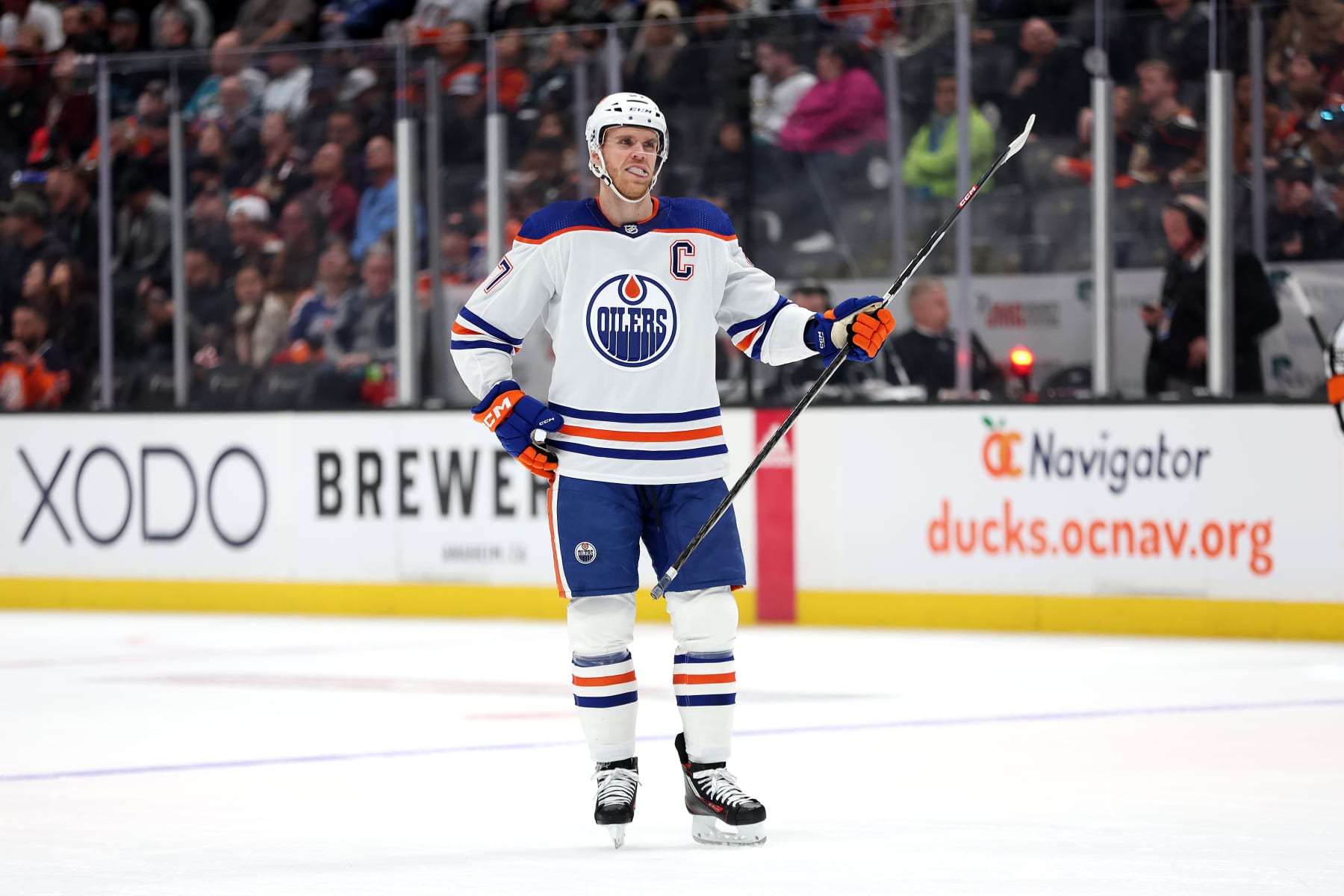 ANAHEIM, CALIFORNIA - APRIL 05: Connor McDavid #97 of the Edmonton Oilers looks on during the first period of a game against the Anaheim Ducks at Honda Center on April 05, 2023 in Anaheim, California. (Photo by Sean M. Haffey/Getty Images)