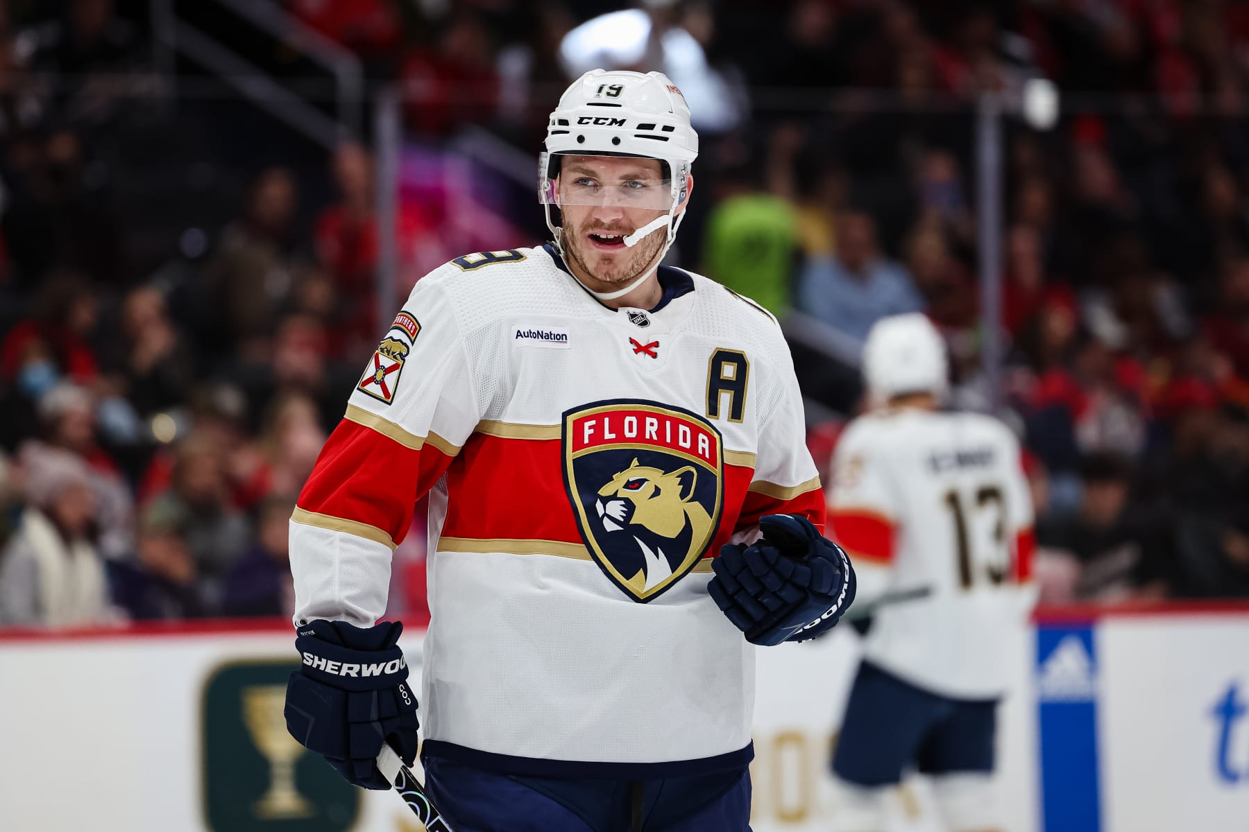 WASHINGTON, DC - APRIL 08: Matthew Tkachuk #19 of the Florida Panthers looks on against the Washington Capitals during the first period of the game at Capital One Arena on April 8, 2023 in Washington, DC. (Photo by Scott Taetsch/Getty Images)