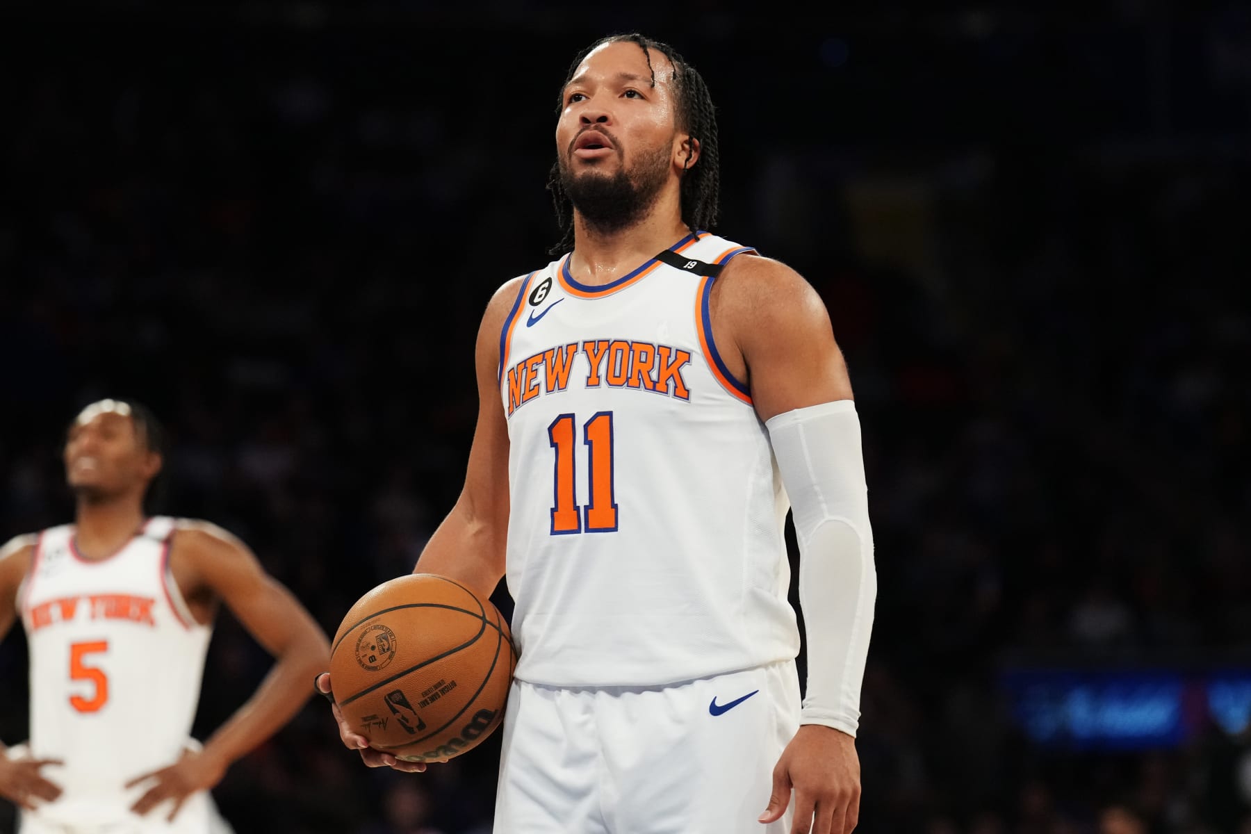 NEW YORK, NY - APRIL 2: Jalen Brunson #11 of the New York Knicks shoots a free throw during the game against the Washington Wizards on April 2, 2023 at Madison Square Garden in New York City, New York NOTE TO USER: User expressly acknowledges and agrees that, by downloading and/or using this Photograph, user is consenting to the terms and conditions of the Getty Images License Agreement. Mandatory Copyright Notice: Copyright 2023 NBAE (Photo by Jesse D. Garrabrant/NBAE via Getty Images)