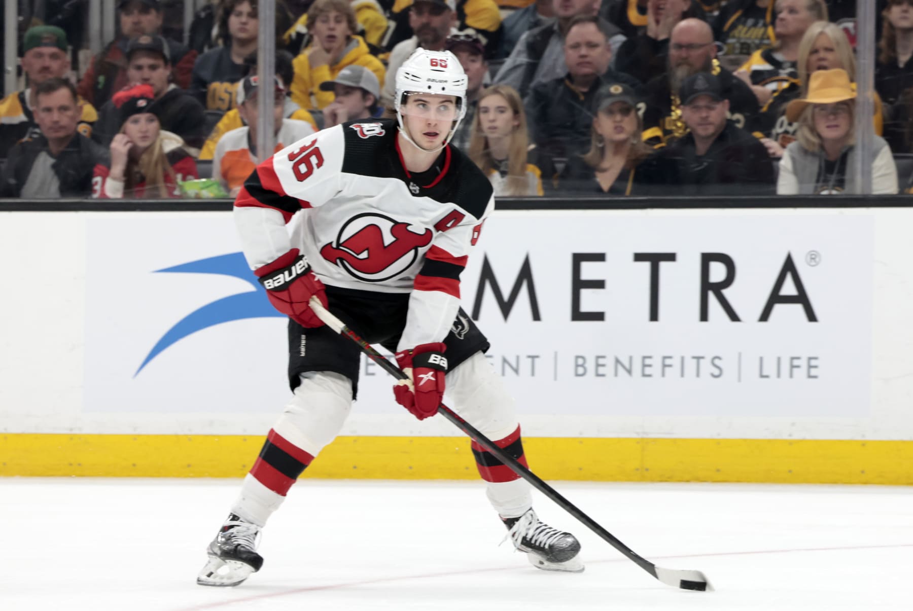 BOSTON, MA - APRIL 08: New Jersey Devils center Jack Hughes (86) takes a peek at goal during a game between the Boston Bruins and the New Jersey Devils on April 8, 2023, at TD Garden in Boston, Massachusetts. (Photo by Fred Kfoury III/Icon Sportswire via Getty Images)