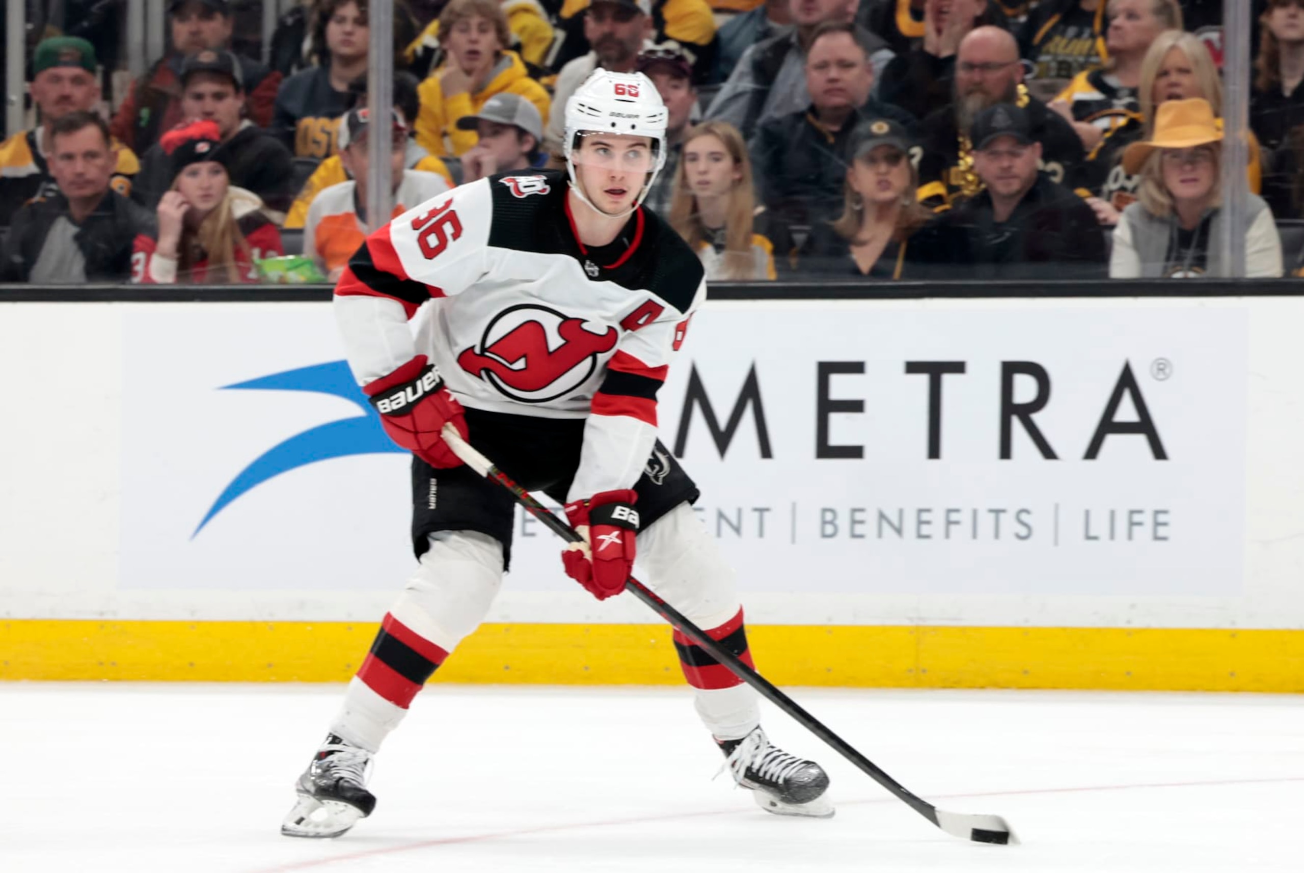 BOSTON, MA - APRIL 08: New Jersey Devils center Jack Hughes (86) takes a peek at goal during a game between the Boston Bruins and the New Jersey Devils on April 8, 2023, at TD Garden in Boston, Massachusetts. (Photo by Fred Kfoury III/Icon Sportswire via Getty Images) BOSTON, MA - APRIL 08: New Jersey Devils center Jack Hughes (86) takes a peek at goal during a game between the Boston Bruins and the New Jersey Devils on April 8, 2023, at TD Garden in Boston, Massachusetts. (Photo by Fred Kfoury III/Icon Sportswire via Getty Images)