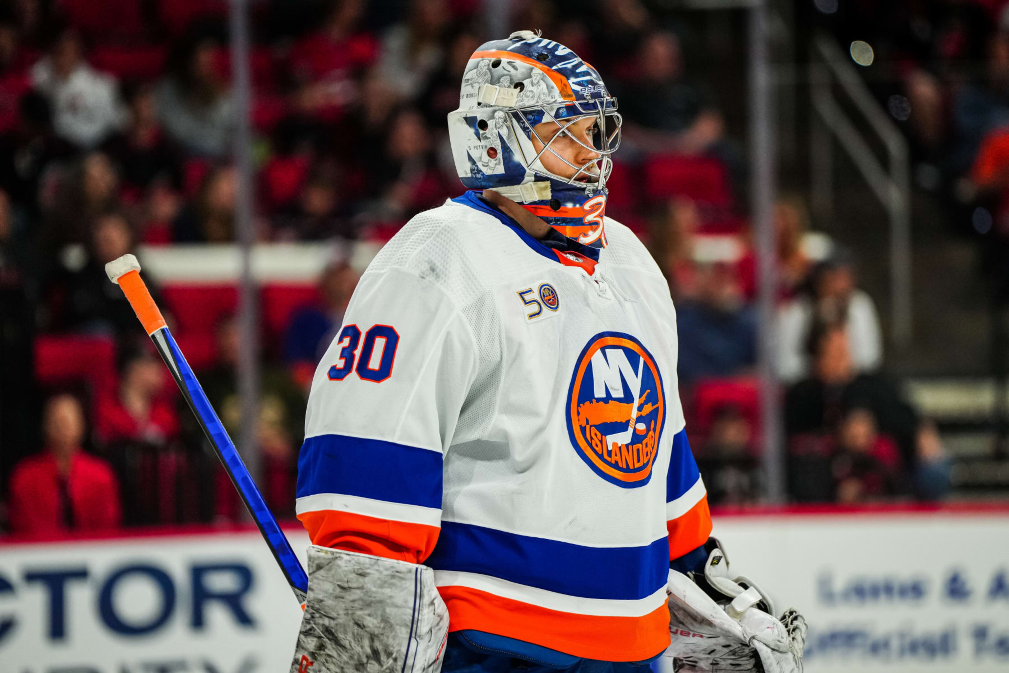 RALEIGH, NORTH CAROLINA - APRIL 02: Ilya Sorokin #30 of the New York Islanders tends net during the first period against the Carolina Hurricanes at PNC Arena on April 02, 2023 in Raleigh, North Carolina. (Photo by Josh Lavallee/NHLI via Getty Images)