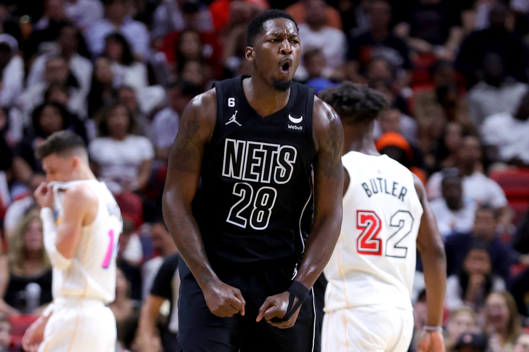 MIAMI, FLORIDA - MARCH 25: Dorian Finney-Smith #28 of the Brooklyn Nets reacts during the third quarter of the game against the Miami Heat at Miami-Dade Arena on March 25, 2023 in Miami, Florida. NOTE TO USER: User expressly acknowledges and agrees that, by downloading and or using this photograph, User is consenting to the terms and conditions of the Getty Images License Agreement.  (Photo by Megan Briggs/Getty Images)
