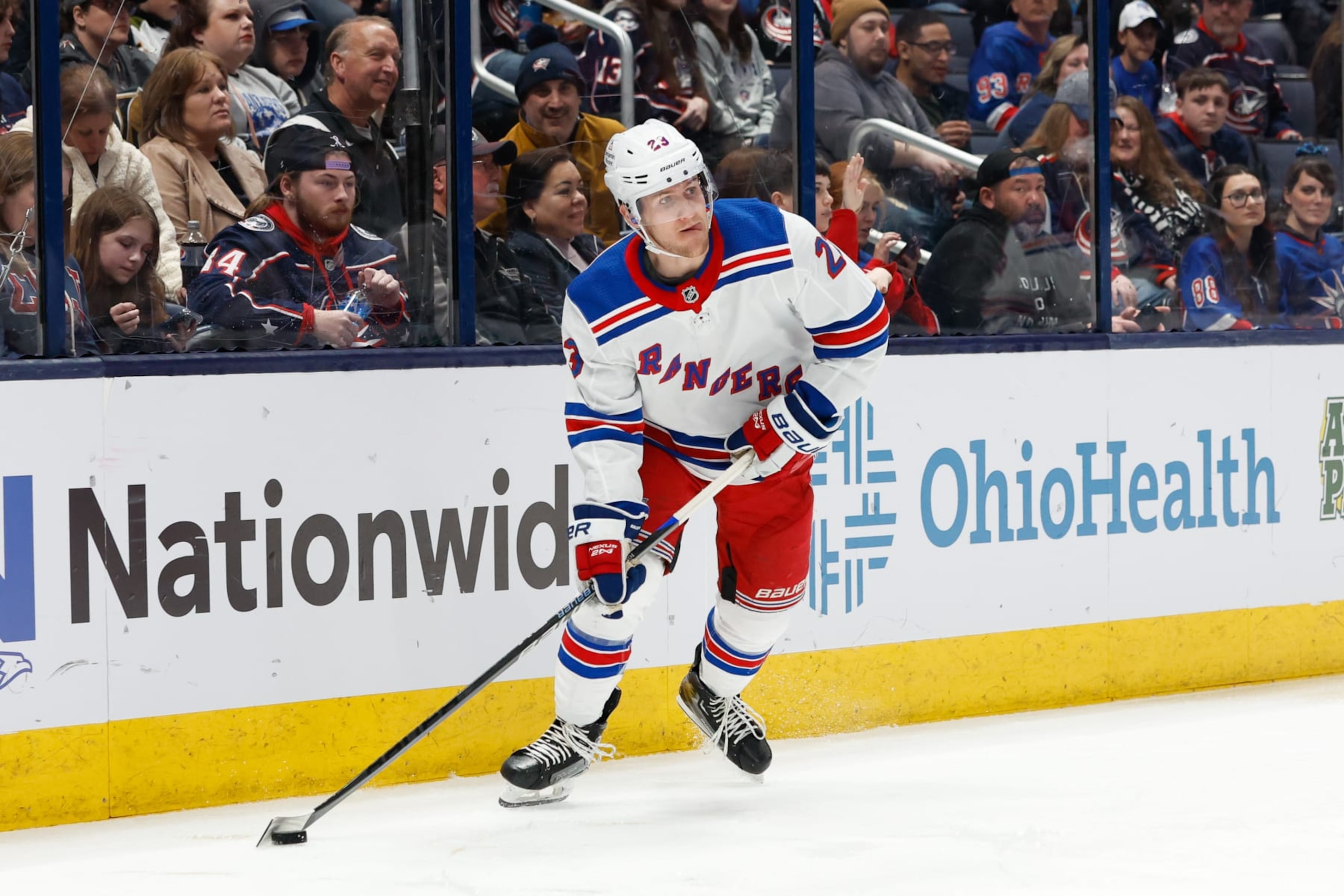 COLUMBUS, OH - APRIL 08: New York Rangers defenseman Adam Fox (23) with the puck during the third period in a game against the Columbus Blue Jackets on April 8, 2023, at Nationwide Arena in Columbus, Ohio. (Photo by Graham Stokes/Icon Sportswire via Getty Images) COLUMBUS, OH - APRIL 08: New York Rangers defenseman Adam Fox (23) with the puck during the third period in a game against the Columbus Blue Jackets on April 8, 2023, at Nationwide Arena in Columbus, Ohio. (Photo by Graham Stokes/Icon Sportswire via Getty Images)