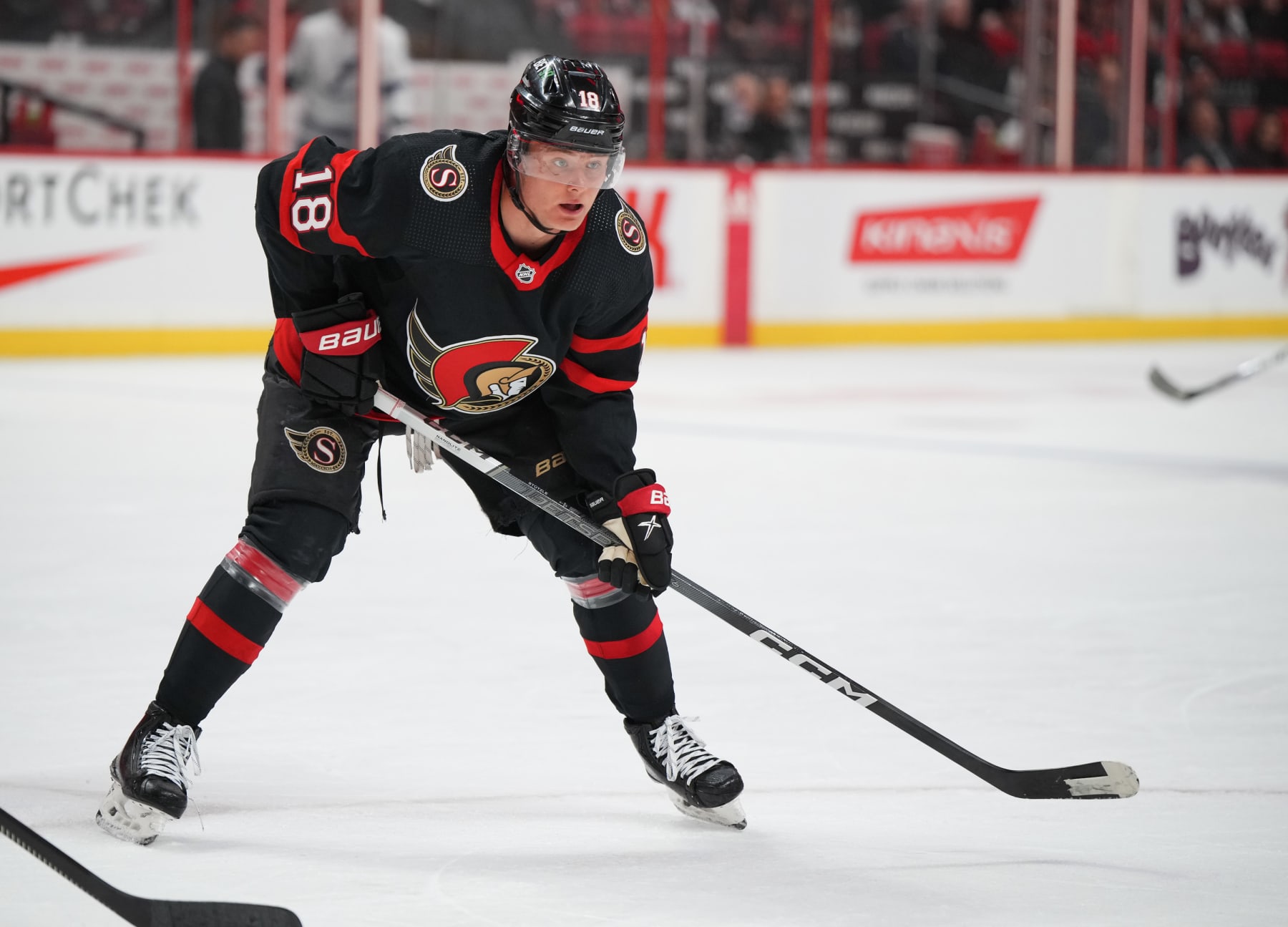 OTTAWA, CANADA - APRIL 8:  Tim Stützle #18 of the Ottawa Senators skates against the Tampa Bay Lightning at Canadian Tire Centre on April 8, 2023 in Ottawa, Ontario, Canada.  (Photo by André Ringuette/NHLI via Getty Images)