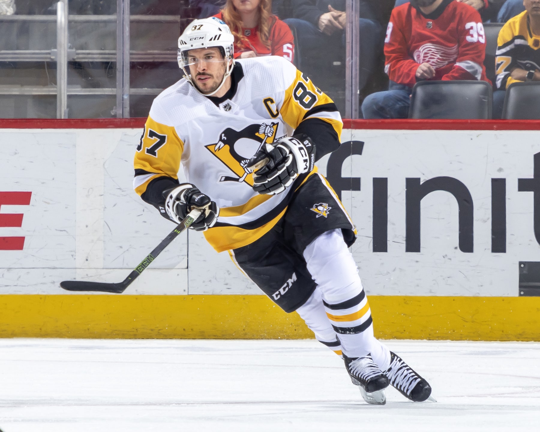 DETROIT, MI - APRIL 08: Sidney Crosby #87 of the Pittsburgh Penguins turns up ice against the Detroit Red Wings during the first period of an NHL game at Little Caesars Arena on April 8, 2023 in Detroit, Michigan. (Photo by Dave Reginek/NHLI via Getty Images)