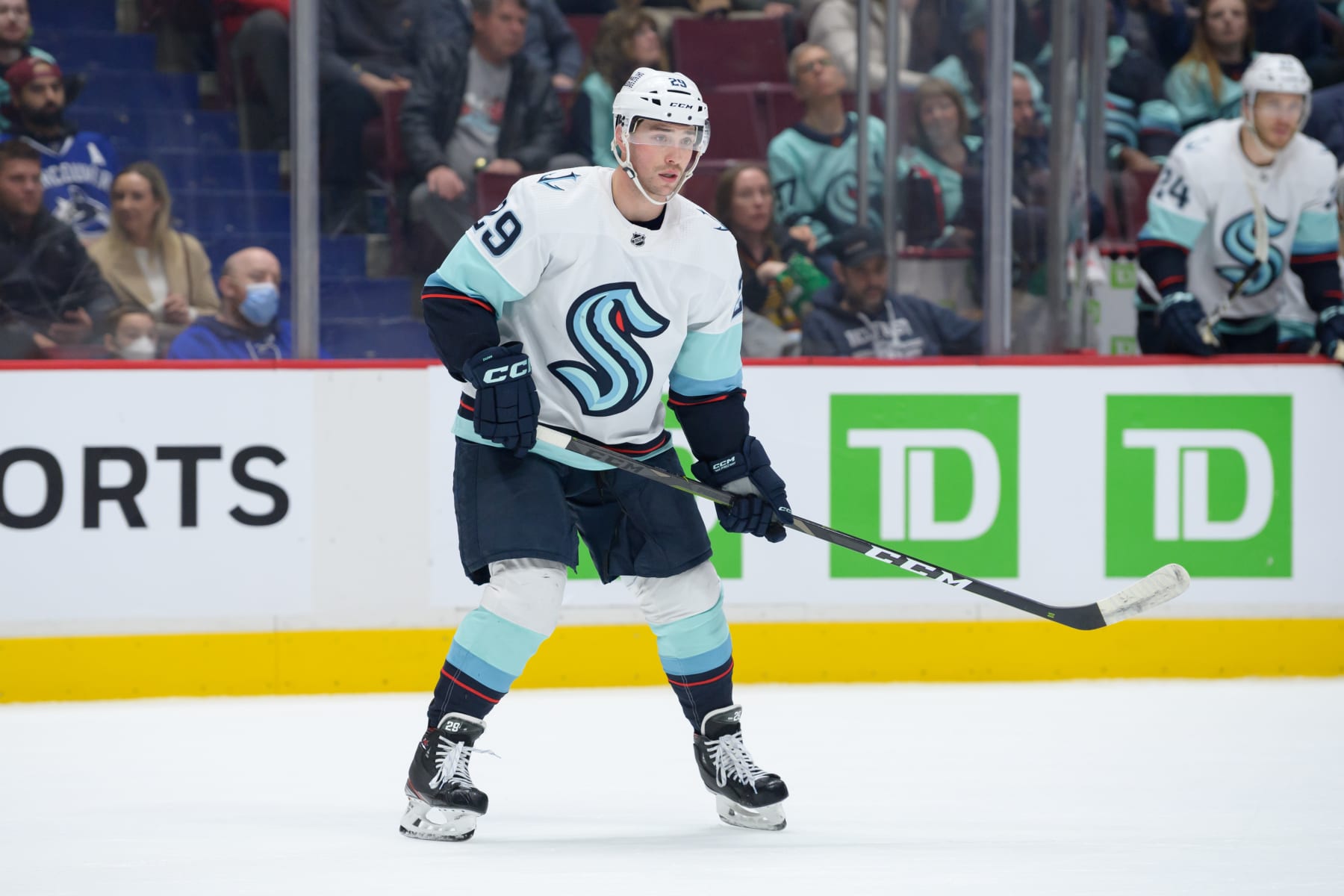 VANCOUVER, CANADA - APRIL 4: Vince Dunn #29 of the Seattle Kraken skates up ice during the first period of their NHL game against the Vancouver Canucks at Rogers Arena on April 4, 2023 in Vancouver, British Columbia, Canada. (Photo by Derek Cain/Getty Images)
