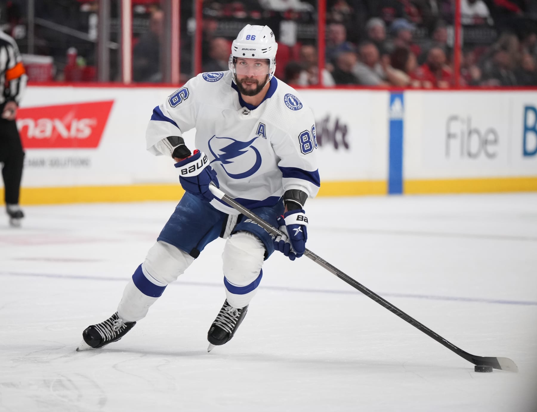 OTTAWA, CANADA - APRIL 8:  Nikita Kucherov #86 of the Tampa Bay Lightning skates against the Ottawa Senators at Canadian Tire Centre on April 8, 2023 in Ottawa, Ontario, Canada.  (Photo by André Ringuette/NHLI via Getty Images)