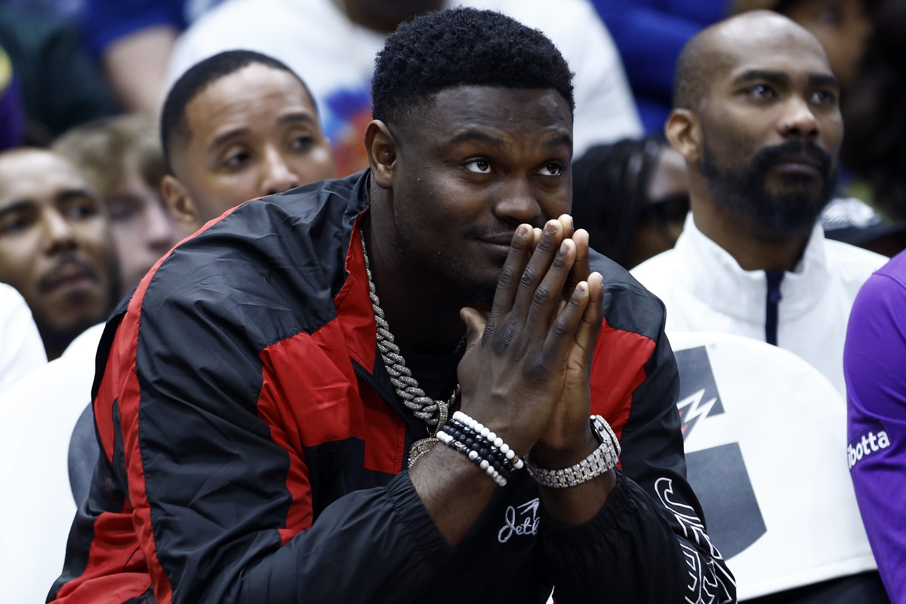 NEW ORLEANS, LOUISIANA - JANUARY 28: Zion Williamson #1 of the New Orleans Pelicans looks on from the bench during the game against the Washington Wizards at Smoothie King Center on January 28, 2023 in New Orleans, Louisiana. NOTE TO USER: User expressly acknowledges and agrees that, by downloading and or using this photograph, User is consenting to the terms and conditions of the Getty Images License Agreement. (Photo by Chris Graythen/Getty Images)