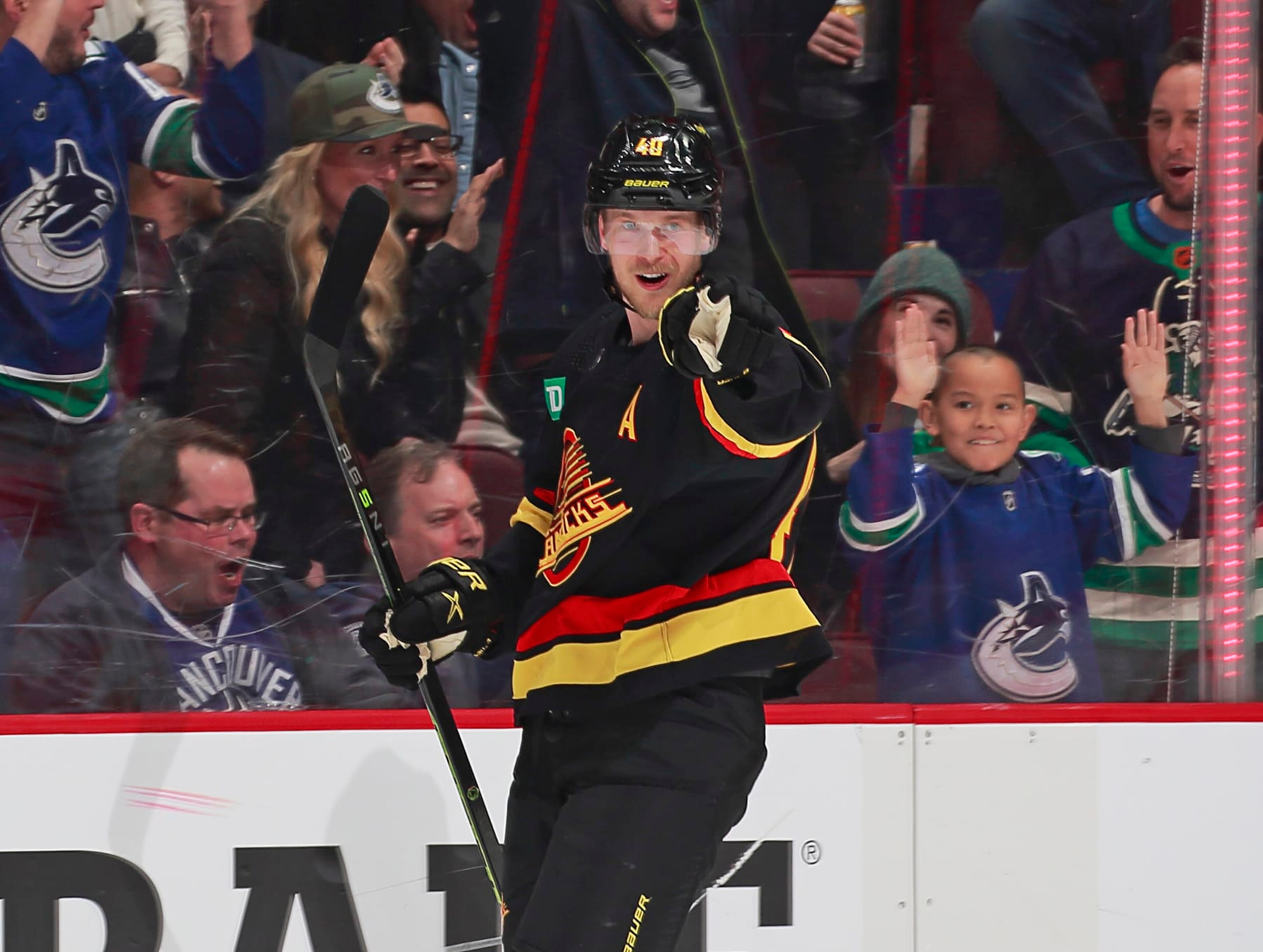 VANCOUVER, CANADA - APRIL 8: Elias Pettersson #40 of the Vancouver Canucks celebrates his goal during the first period of their NHL game against the Calgary Flames at Rogers Arena April 8, 2023 in Vancouver, British Columbia, Canada.  (Photo by Jeff Vinnick/NHLI via Getty Images)