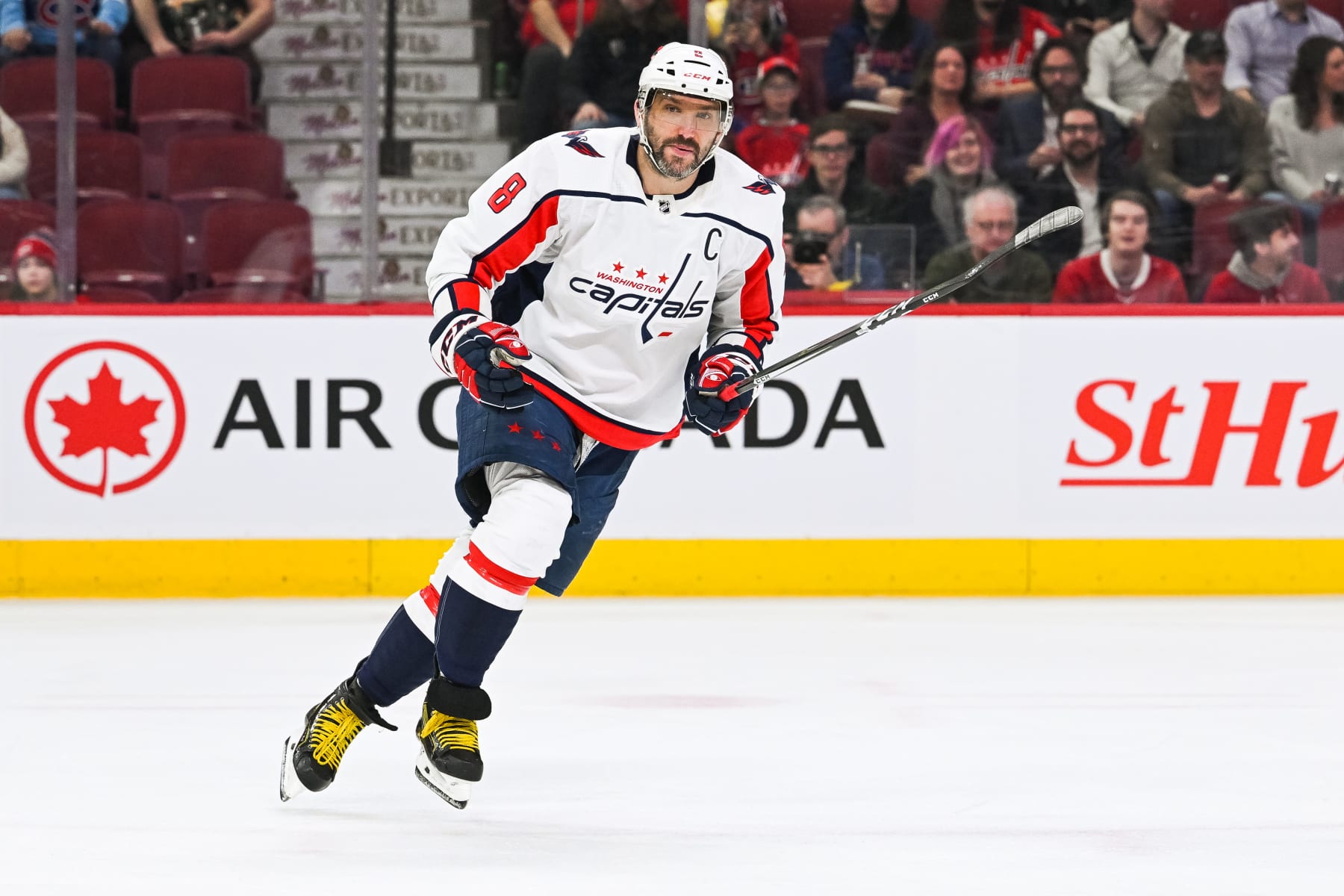 MONTREAL, QC - APRIL 06: Washington Capitals left wing Alex Ovechkin (8) tracks the play during the Washington Capitals versus the Montreal Canadiens game on April 06, 2023, at Bell Centre in Montreal, QC (Photo by David Kirouac/Icon Sportswire via Getty Images)