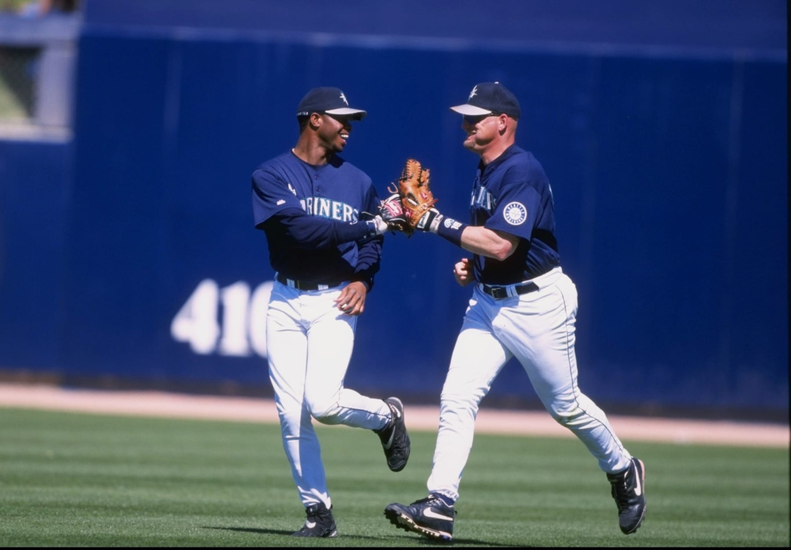 10 Mar 1998:  Outfielders Jay Buhner and Ken Griffey Jr. of the Seattle Mariners in action during a spring training game against the Anaheim Angels at the Peoria Sports Complex in Peoria, Arizona.  The Angels won the game, 9-8. Mandatory Credit: Jeff Carl