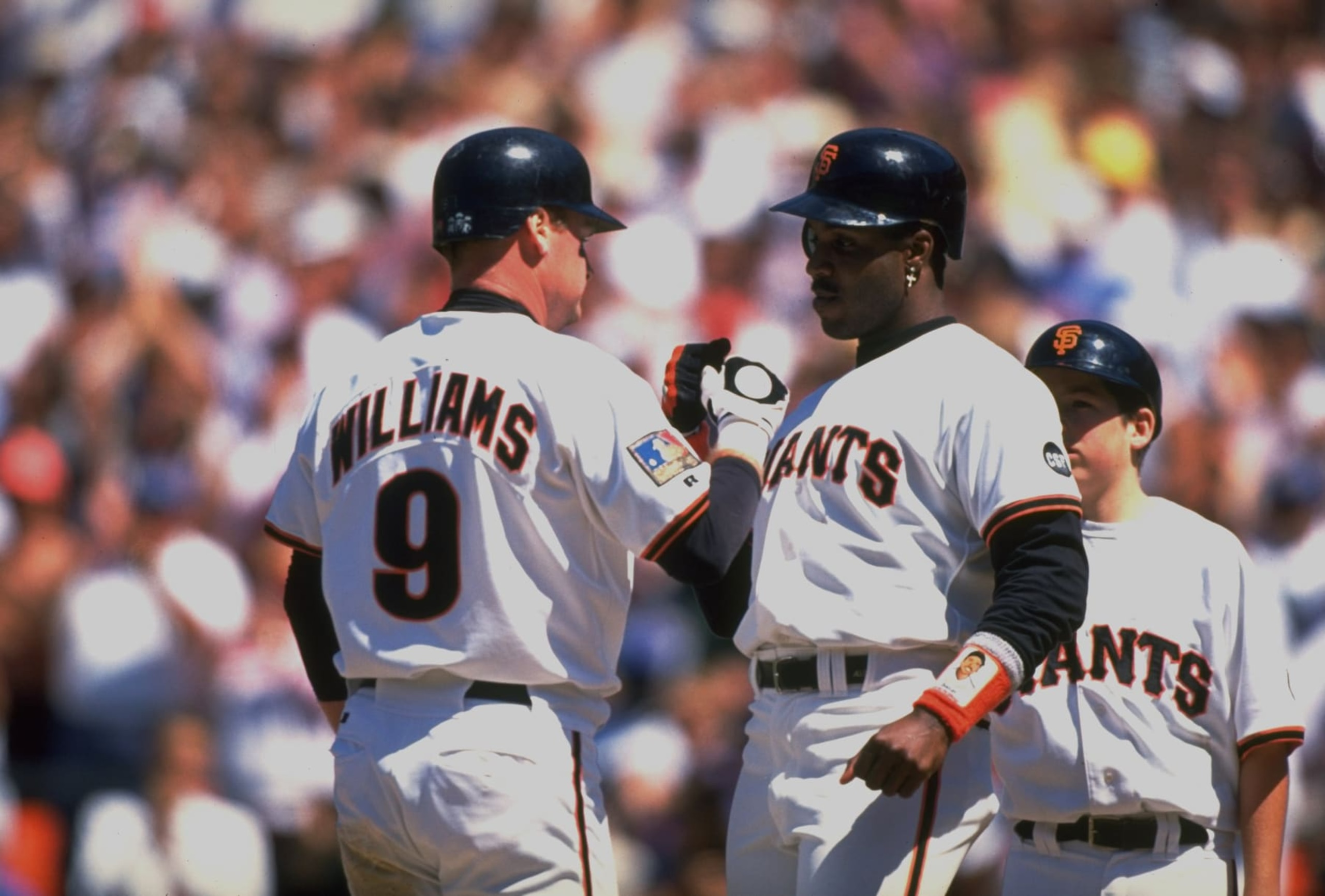UNITED STATES - JULY 26:  Baseball: Closeup of San Francisco Giants Matt Williams (L) victorious with Barry Bonds (R) during game vs Los Angeles Dodgers, San Francisco, CA 7/26/1994  (Photo by V.J. Lovero/Sports Illustrated via Getty Images)  (SetNumber: X46609)