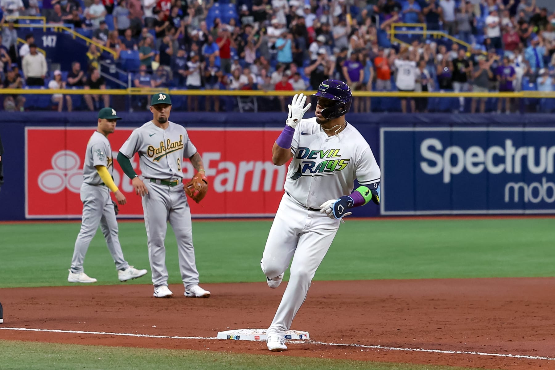 ST. PETERSBURG, FL - APRIL 7: Isaac Paredes #17 of the Tampa Bay Rays celebrates his grand slam home run against the Oakland Athletics during the second inning a baseball game at Tropicana Field on April 7, 2023 in St. Petersburg, Florida. (Photo by Mike Carlson/Getty Images)