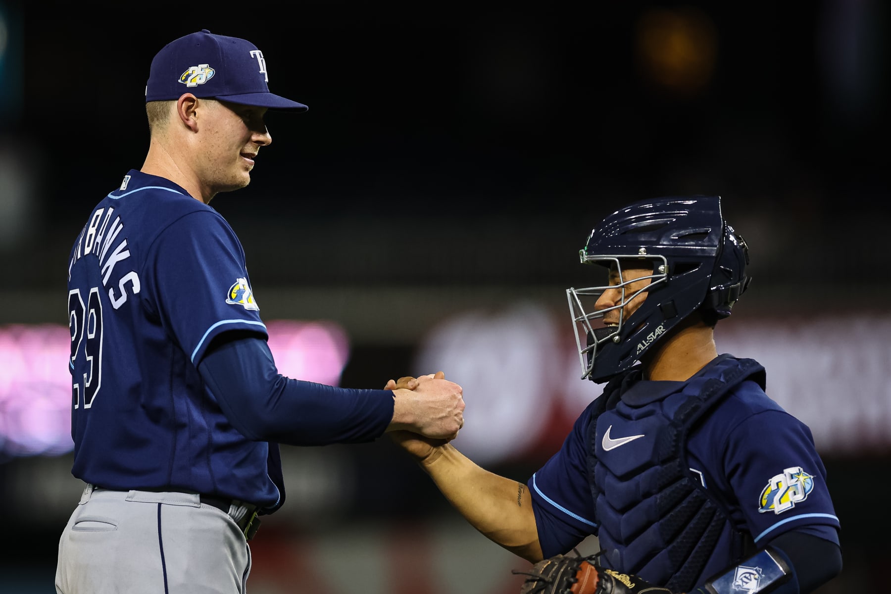 WASHINGTON, DC - APRIL 04: Pete Fairbanks #29 and Francisco Mejia #21 of the Tampa Bay Rays celebrate after the game against the Washington Nationals at Nationals Park on April 4, 2023 in Washington, DC. (Photo by Scott Taetsch/Getty Images)