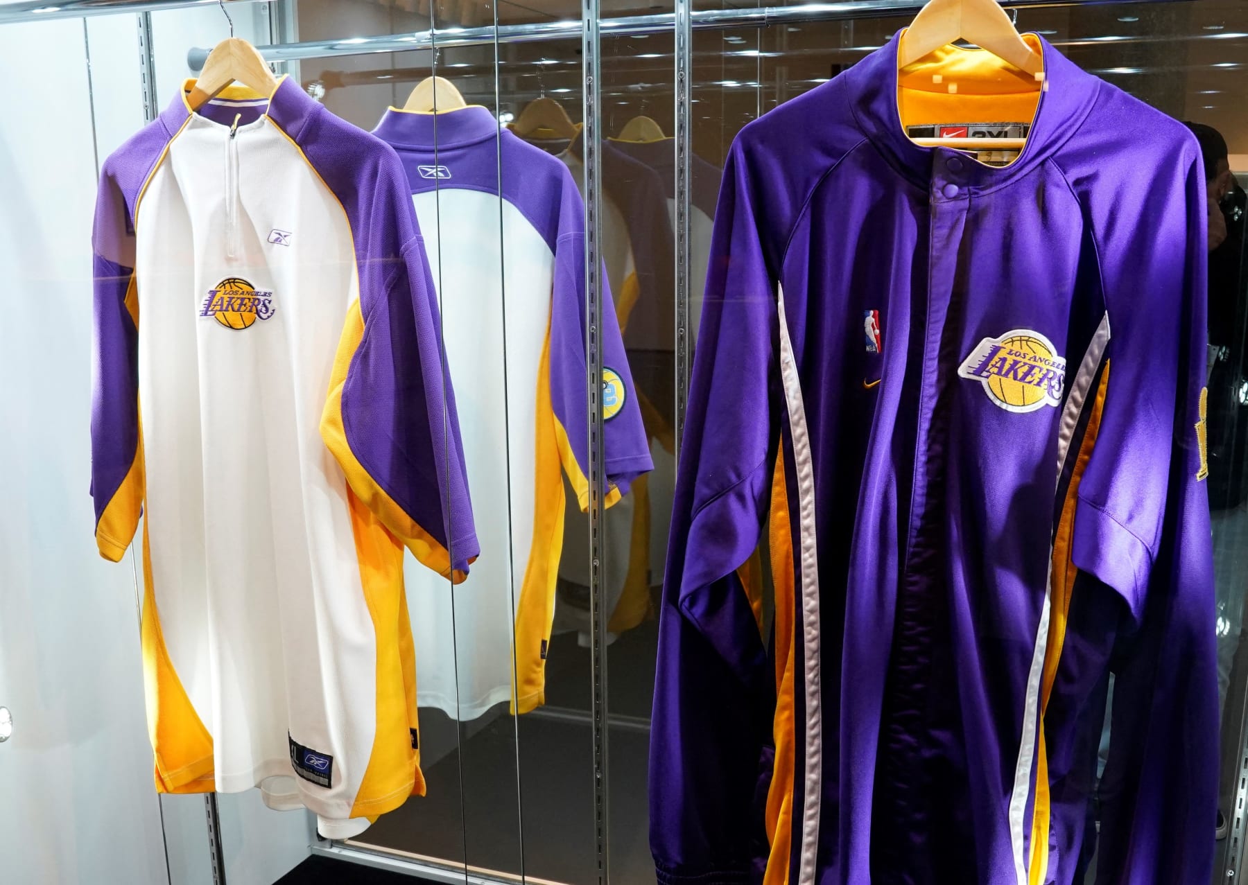 Kobe Bryants 2004 Los Angeles Lakers warmup jacket is displayed during a press preview at Sothebys in New York on April 6, 2023 for the upcoming Victoriam auction, a special two-part curated collection of sports artifacts. (Photo by TIMOTHY A. CLARY / AFP) (Photo by TIMOTHY A. CLARY/AFP via Getty Images)