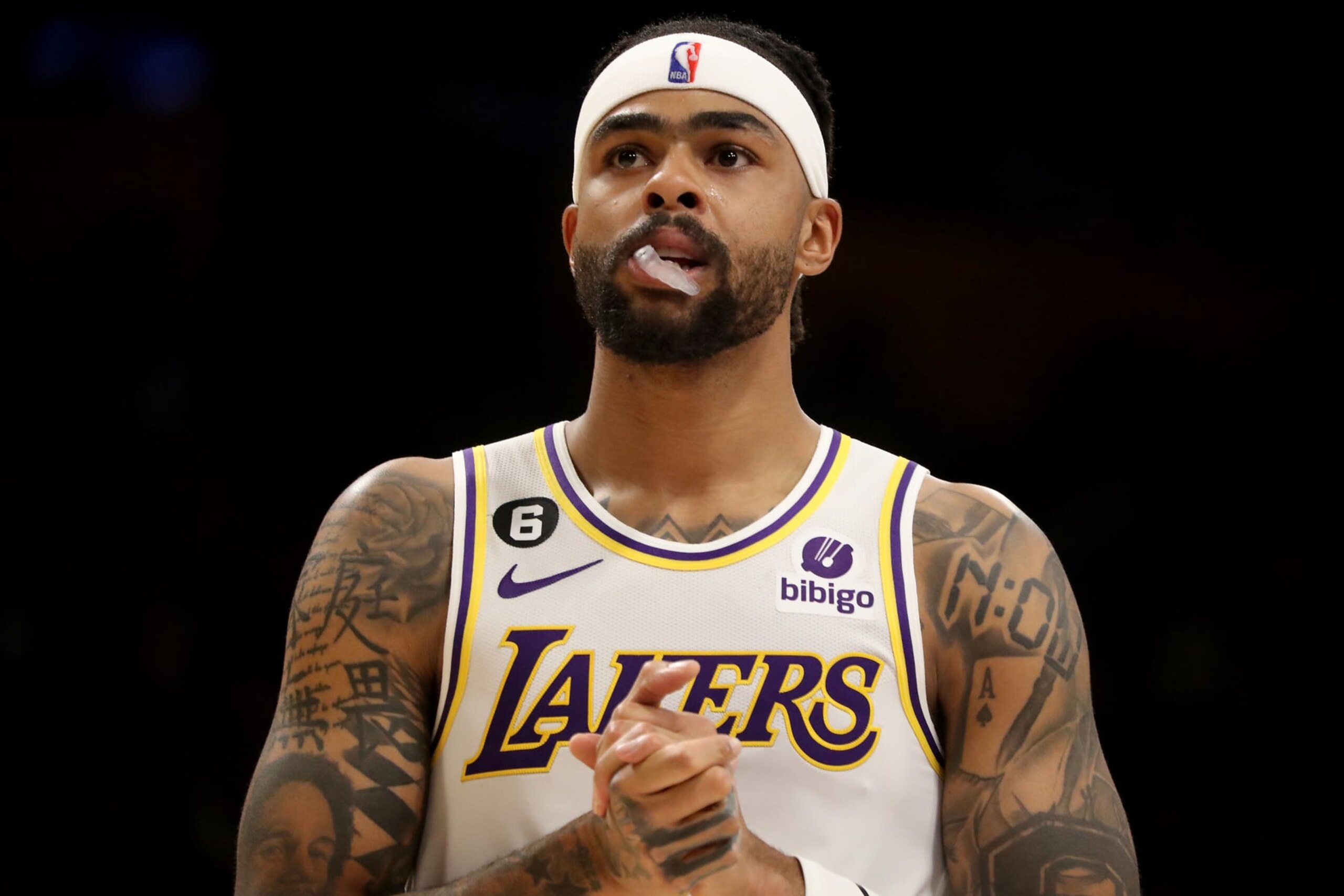 Los Angeles, CA - April 09: Lakers guard D'Angelo Russell takes the floor for the regular sesaon finale against the Jazz at Crypto.com Arena in Los Angeles on Sunday, Apr. 9, 2023. (Luis Sinco / Los Angeles Times via Getty Images) Los Angeles, CA - April 09: Lakers guard D'Angelo Russell takes the floor for the regular sesaon finale against the Jazz at Crypto.com Arena in Los Angeles on Sunday, Apr. 9, 2023. (Luis Sinco / Los Angeles Times via Getty Images)